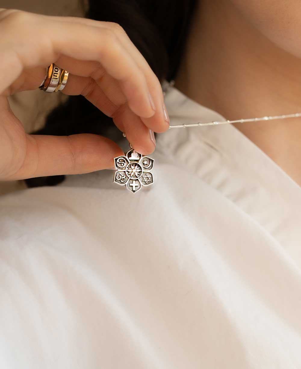 Sterling Silver Coexist Harmony Pendant – Lotus Design with Spiritual Symbols of Unity、mySite、topwebapps
