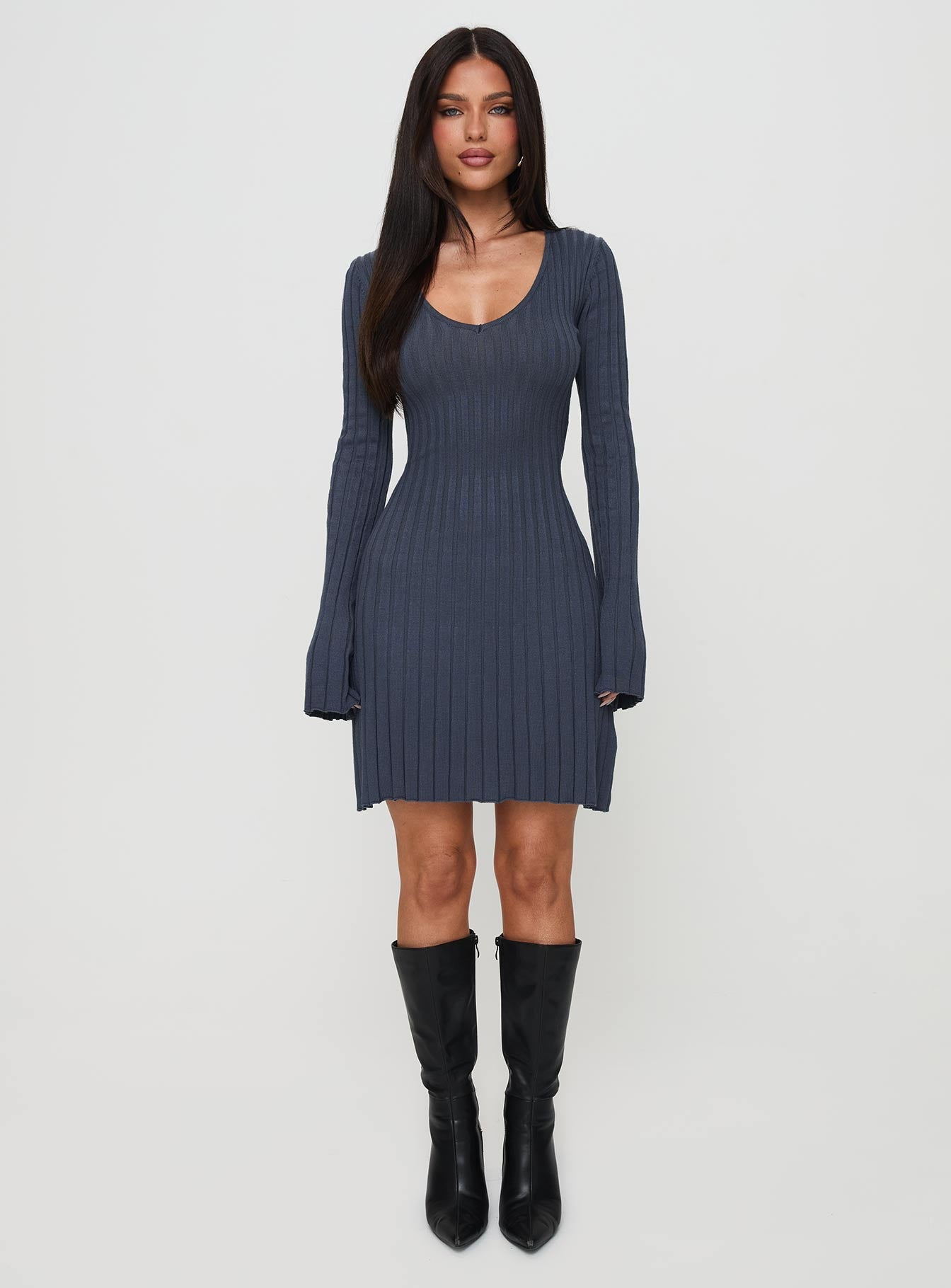 Liberte Ribbed Long Sleeve Mini Dress Charcoal、mySite、solidvoid