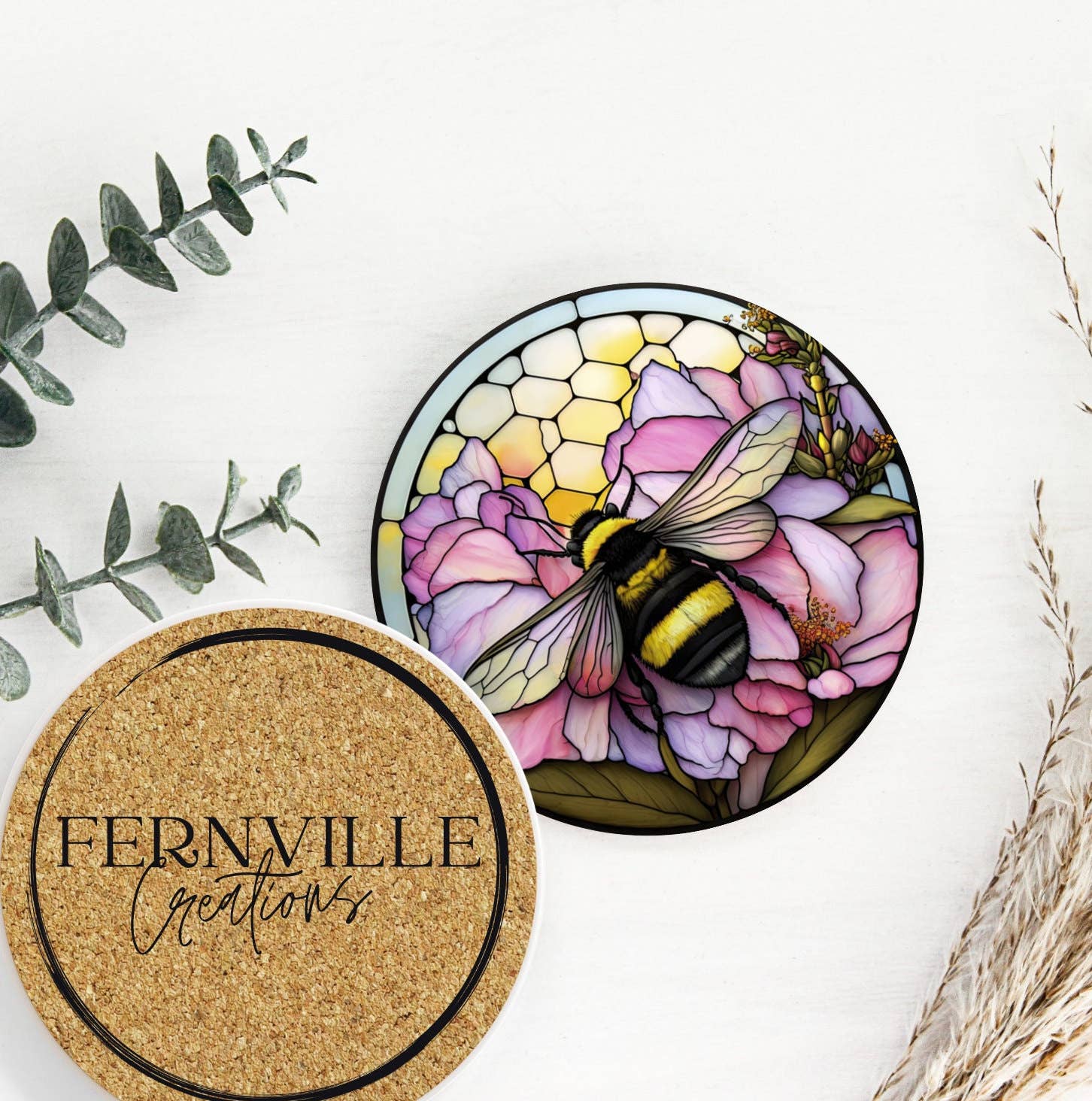 Bumble Bee Flower Stained Glass Ceramic Coasters、mySite、g9winljtr