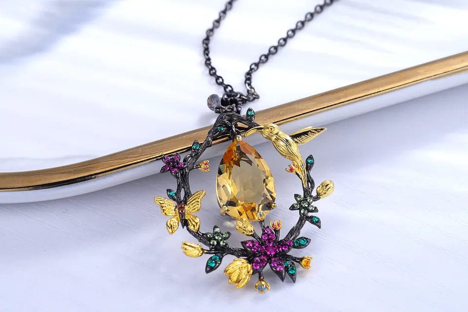 Hummingbird Floral Statement Necklace 925 Sterling Silver Waterproof Vintage Topaz, Amethyst or Citrine、mySite、g9winljtr