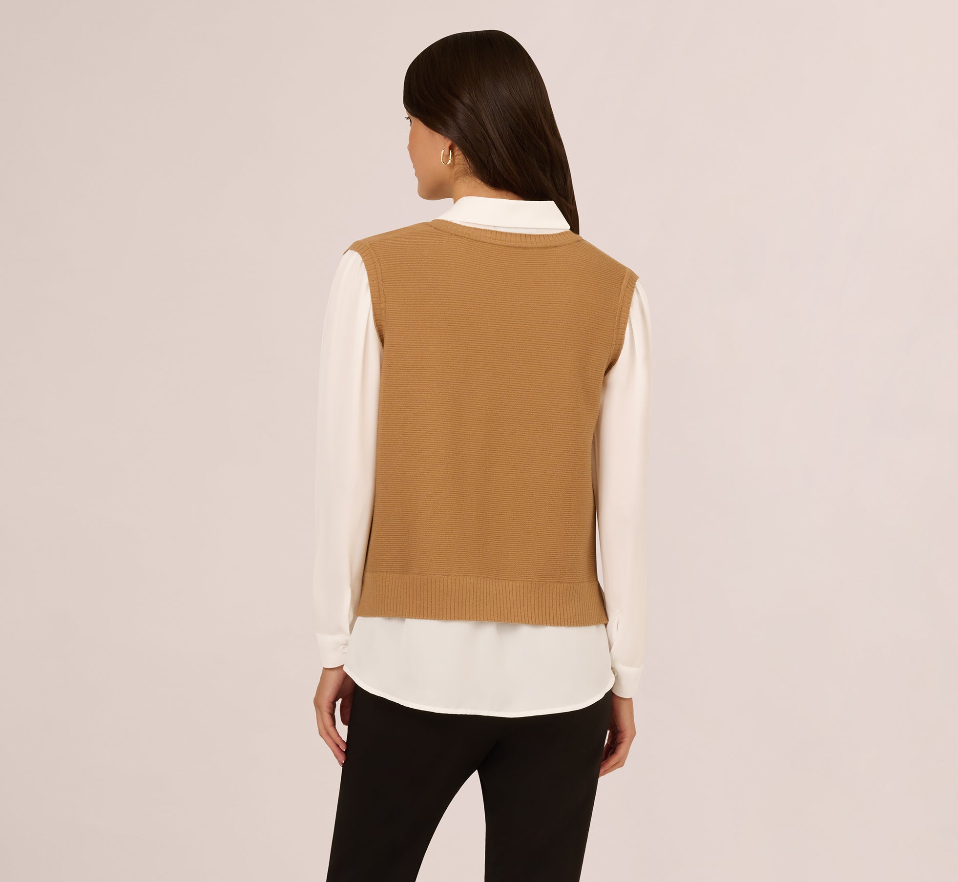 Sweater Vest Collared Twofer Shirt In Camel Ivory、mySite、solidvoid