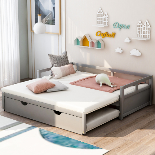 Extending Daybed with Trundle, Wooden Daybed with Trundle, White、、casual