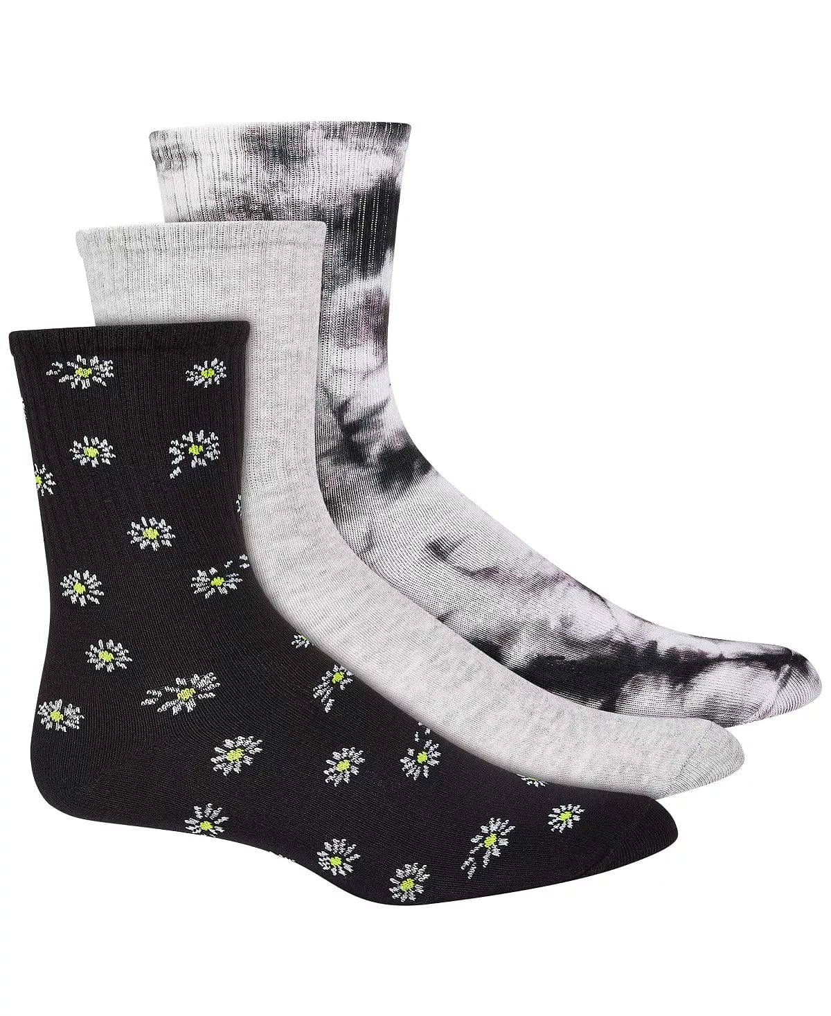 Women's 3pk Crew Socks Jenni Daisy & Tie-Dyed Neutral Color Ribbed Cuff、mySite、g9winljtr