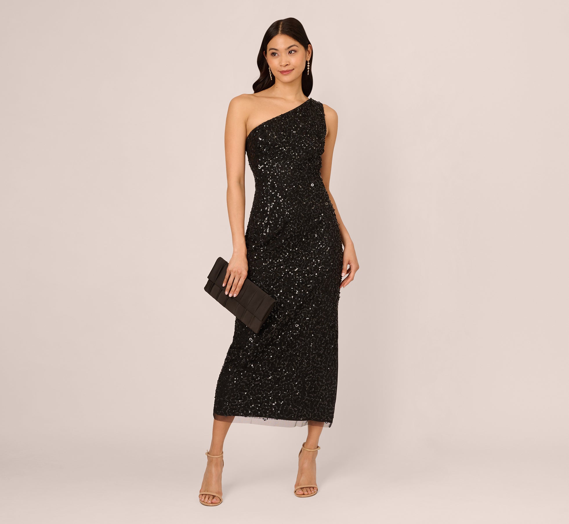 One Shoulder Sequin Beaded Ankle Length Dress In Black、mySite、solidvoid