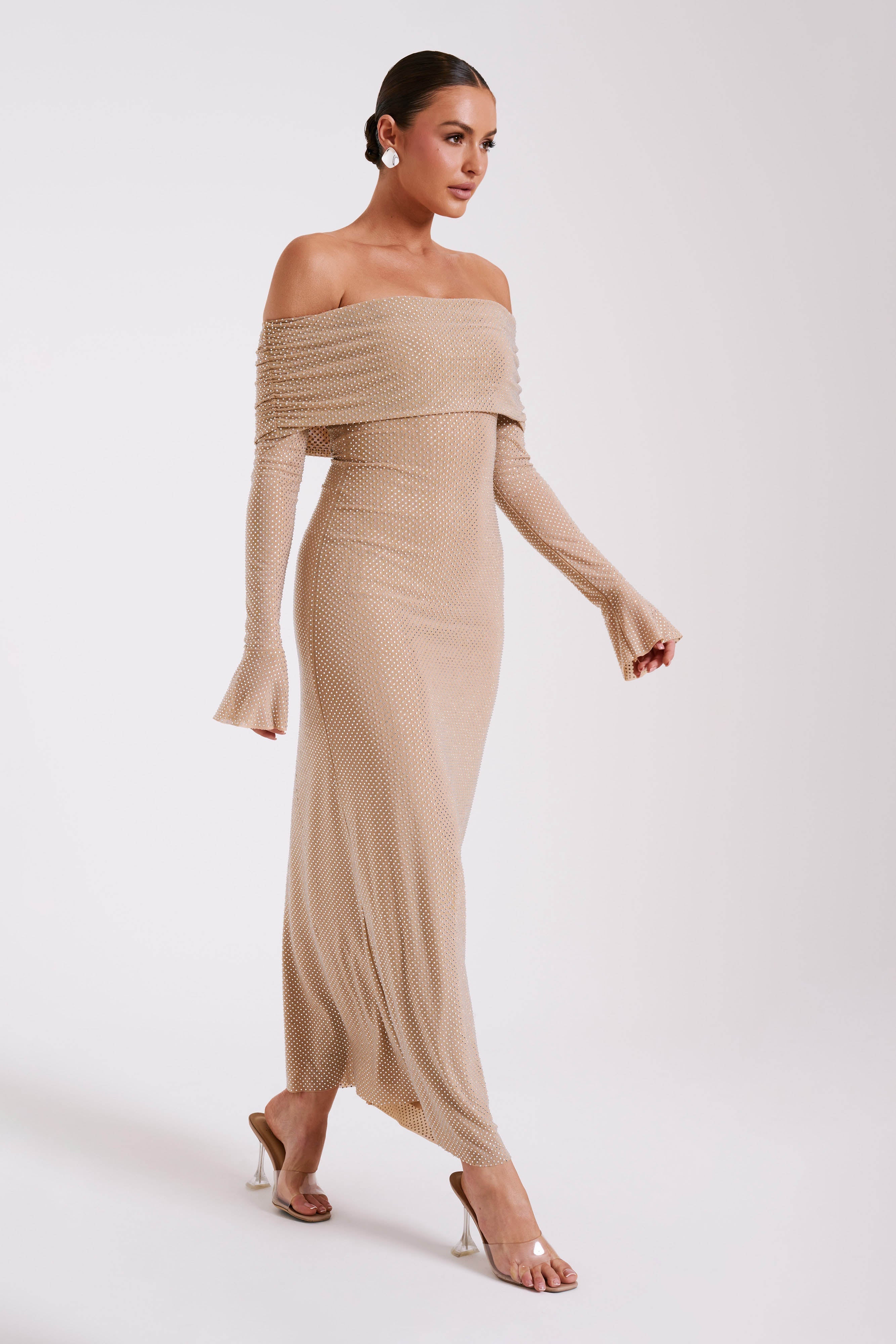 Marcel Off Shoulder Diamante Maxi Dress - Nude、mySite、solidvoid