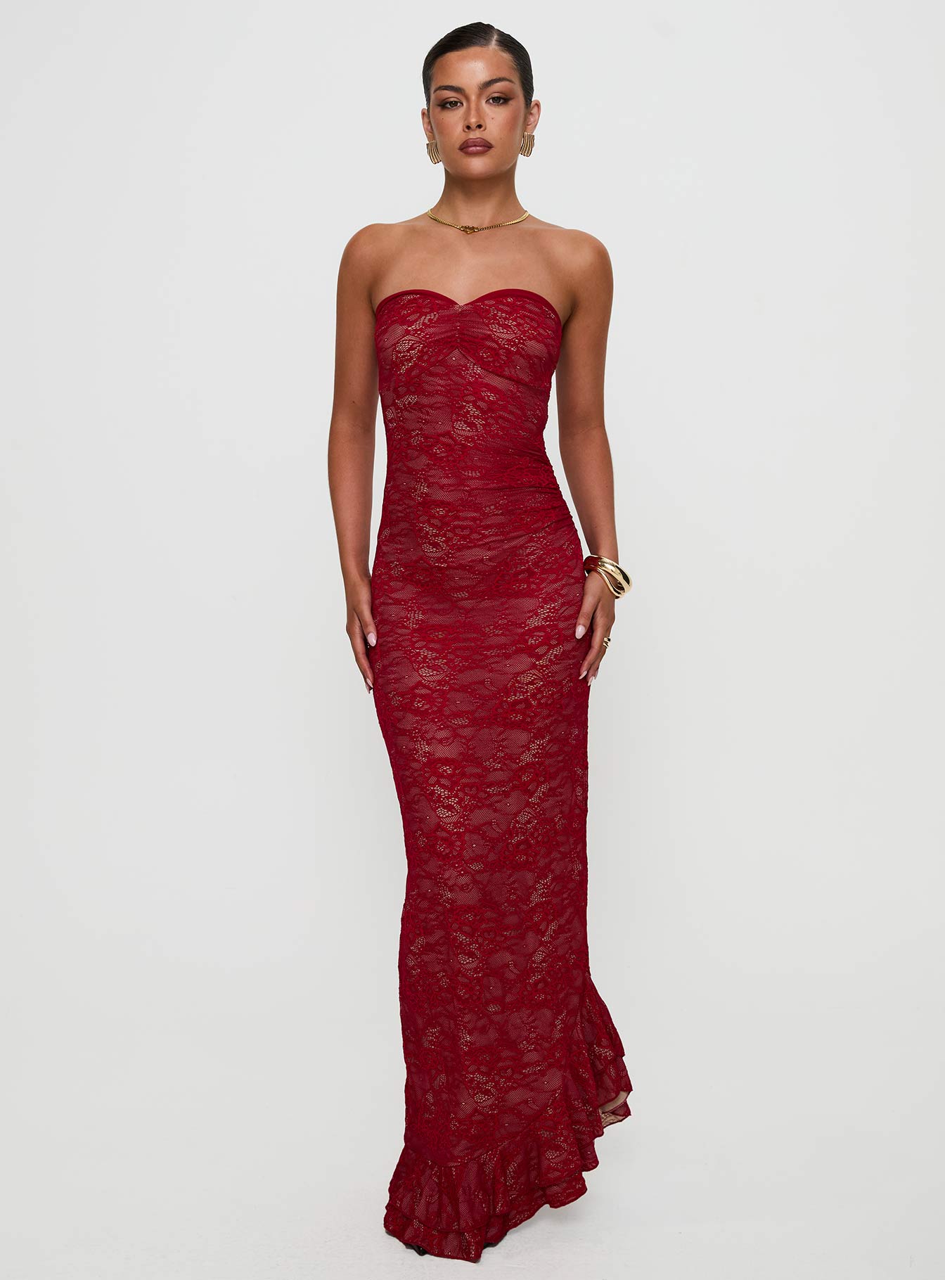 Hailees Lace Strapless Maxi Dress Red、mySite、solidvoid