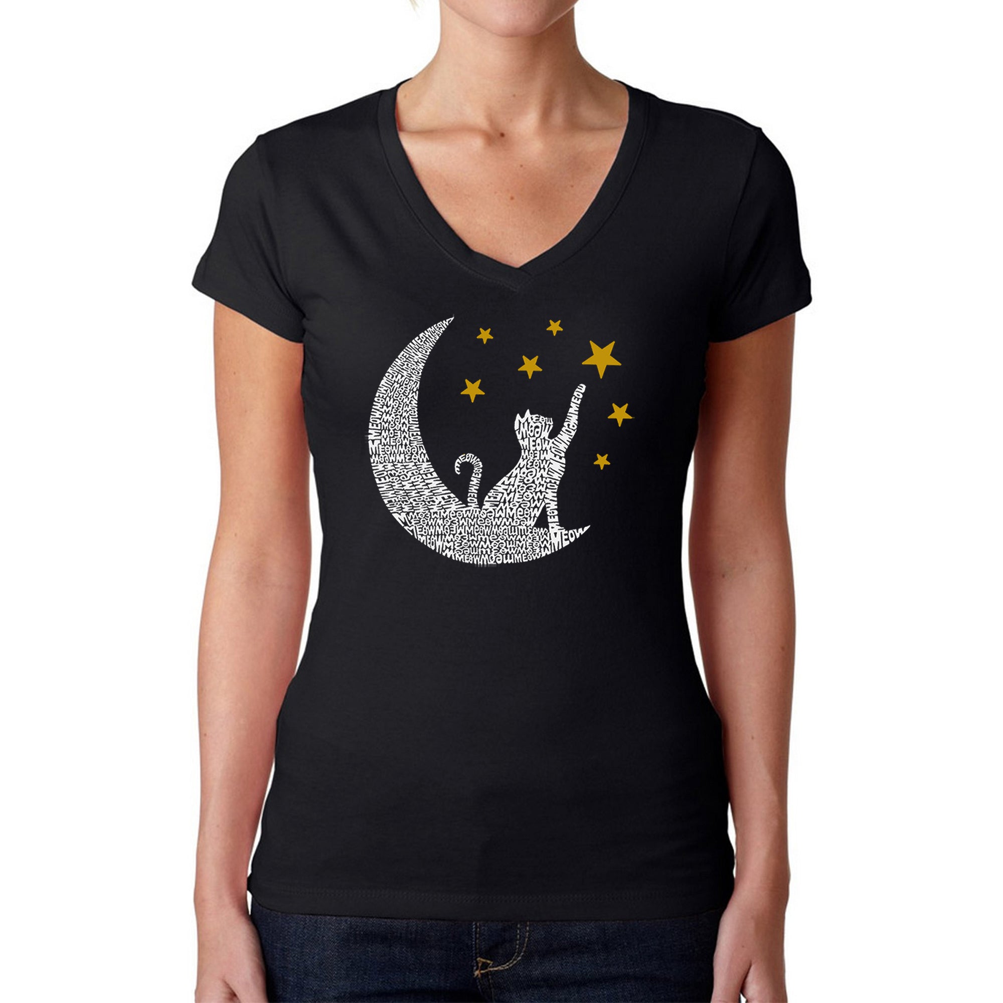Cat Moon - Women's Word Art V-Neck T-Shirt、mySite、camillekostekn