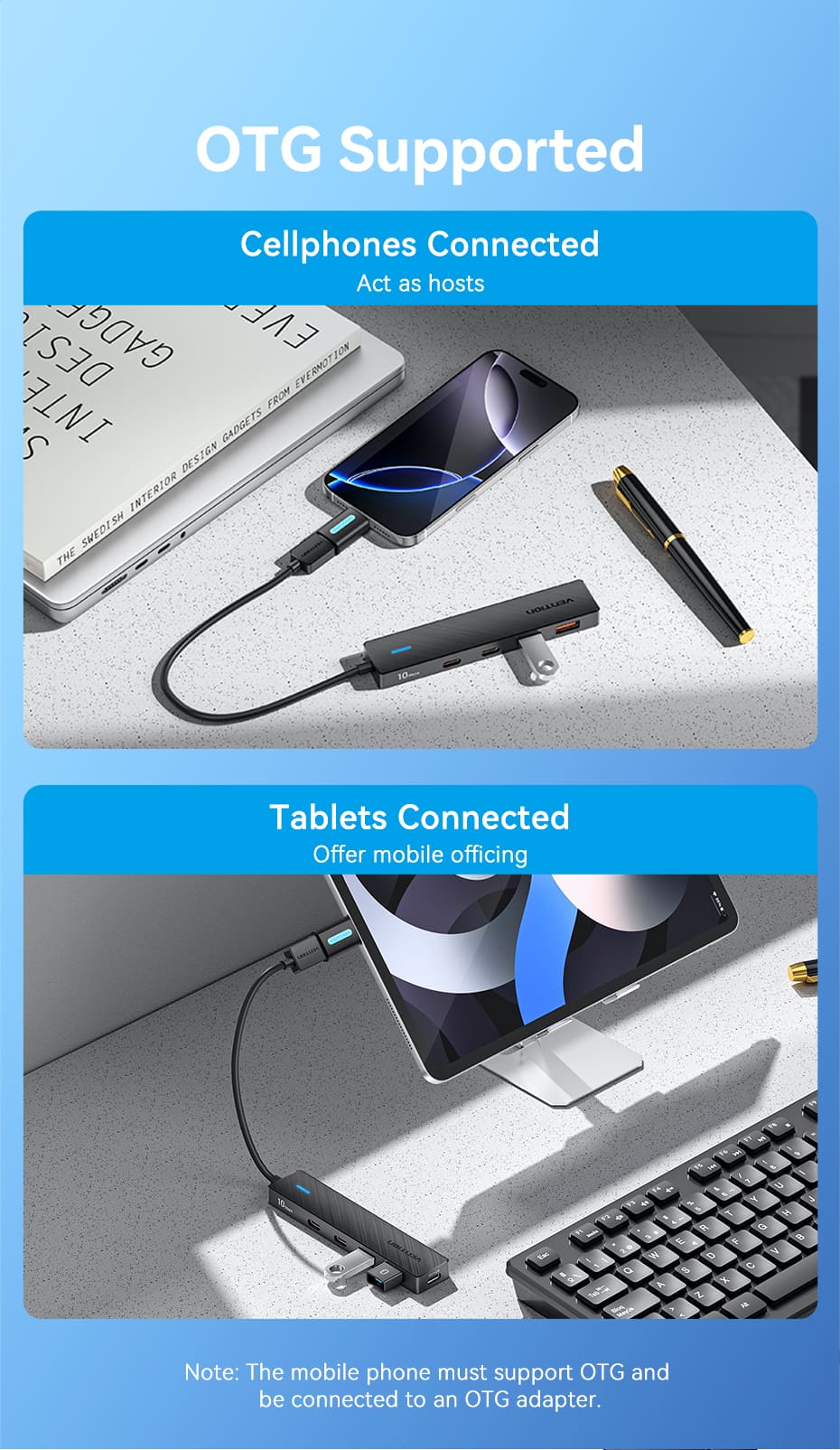 USB to USB 3.2 Gen 2 Type-C x 2/USB 3.2 Gen 2 Type-A x 2/USB-C 10G Hub 0.15M Black