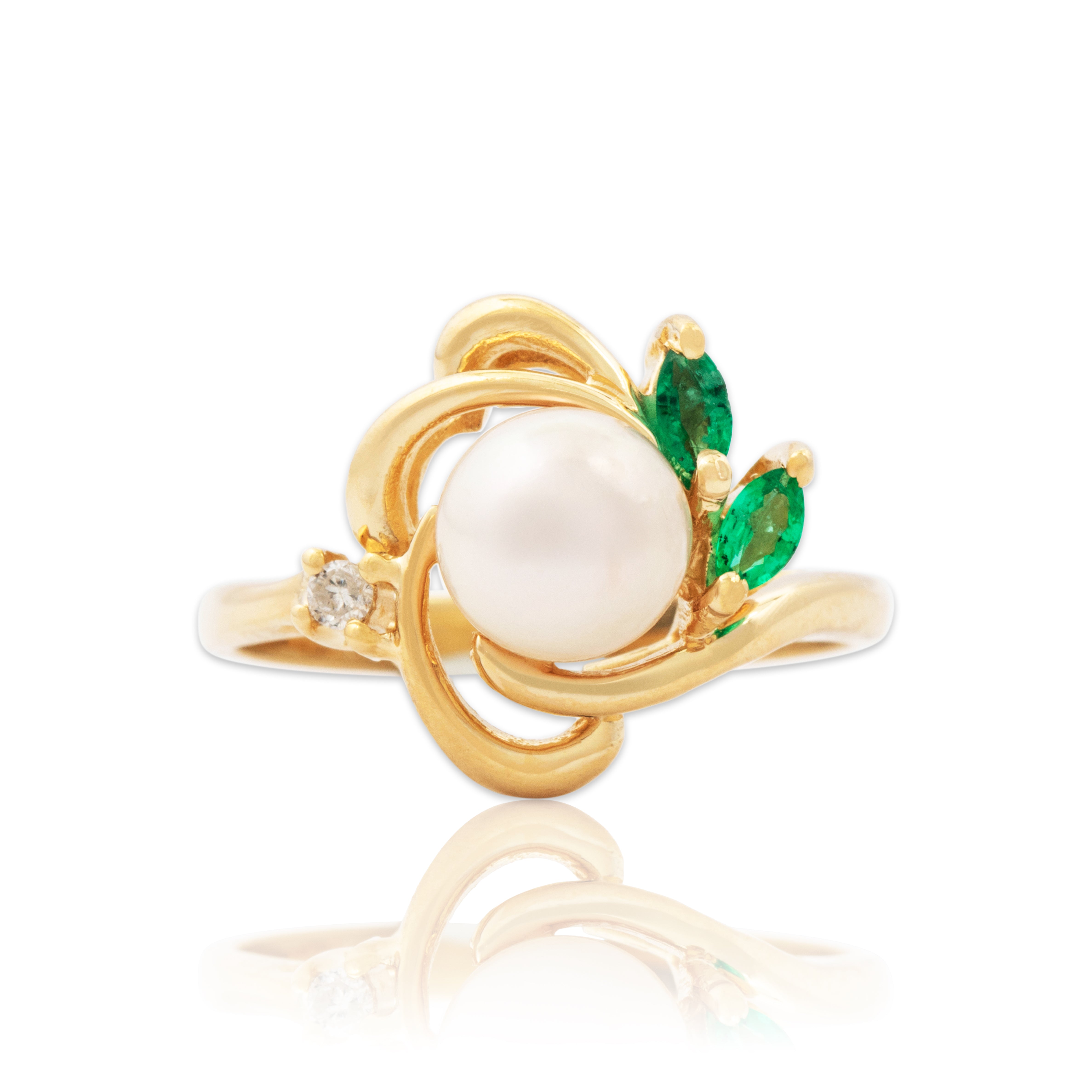 Vintage 14k Gold Pearl Emerald Diamond Lustrous Swirl Ring 6.50、mySite、hinf8tx79