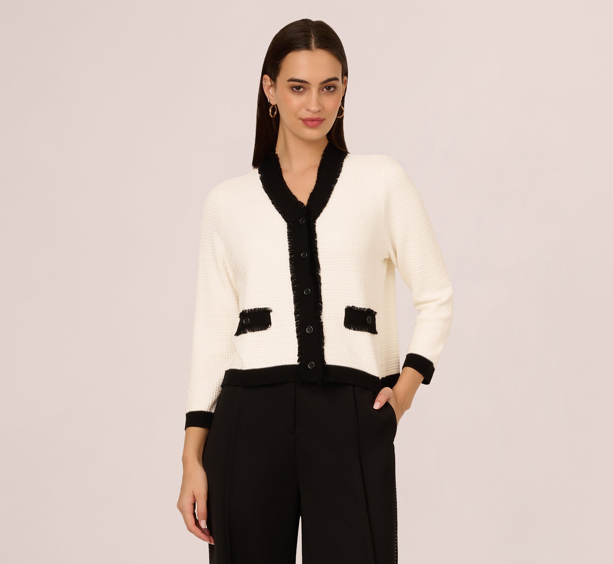 Waffle Knit Fringe Trim Cardigan In Ivory Black、mySite、solidvoid