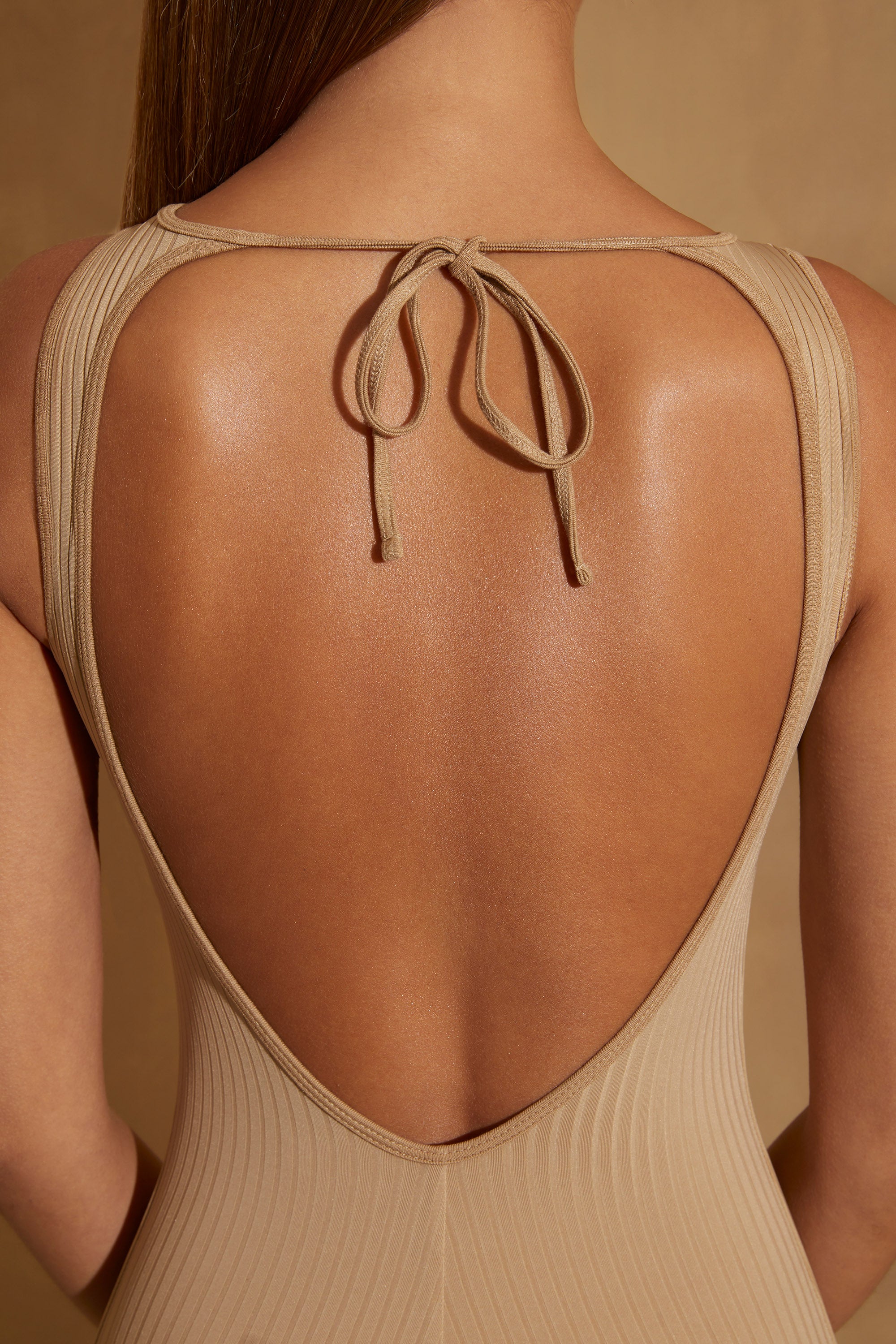 Petite Ribbed Cut Out Back Jumpsuit in Tan、mySite、solidvoid