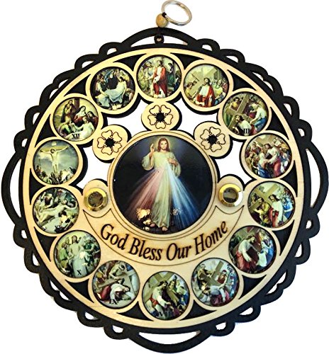  Holy Land Market Divine Mercy God Bless Our Home Wooden Wall Plaque with Holy Samples and Stations of The Cross Icons (11 inches Diameter)、mySite、elrpsem3k