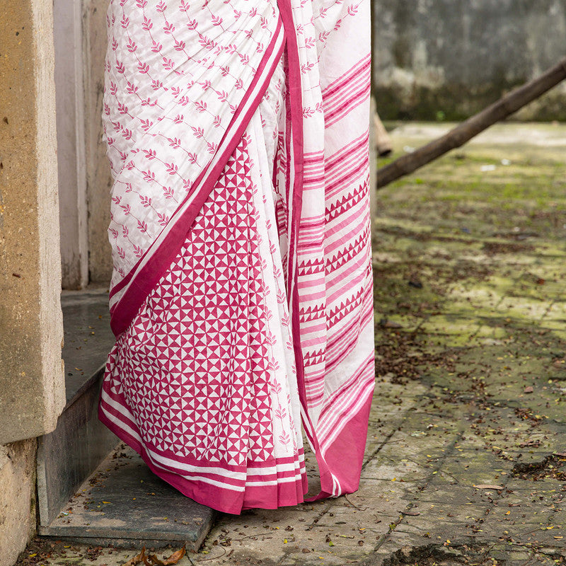 Cotton Printed Saree | White & Pink、mySite、camillekostekn