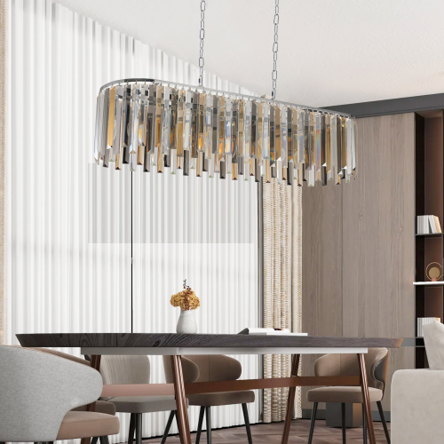 (NEW SKU:W1340P189407) 39" Modern Crystal Rectangle Pendant Chandelier with Chrome Finish – Elegant Light Fixture for Living Room, Dining Room, or Kitchen (Bulb Not Included)、、eastwooduniform
