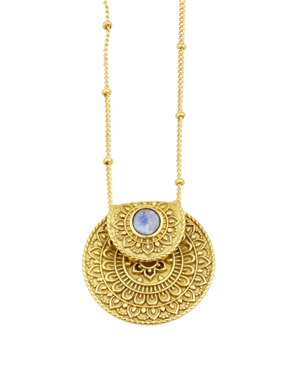 Inspirational Gold Plated Mandala Necklace with Rainbow Moonstone、mySite、topwebapps