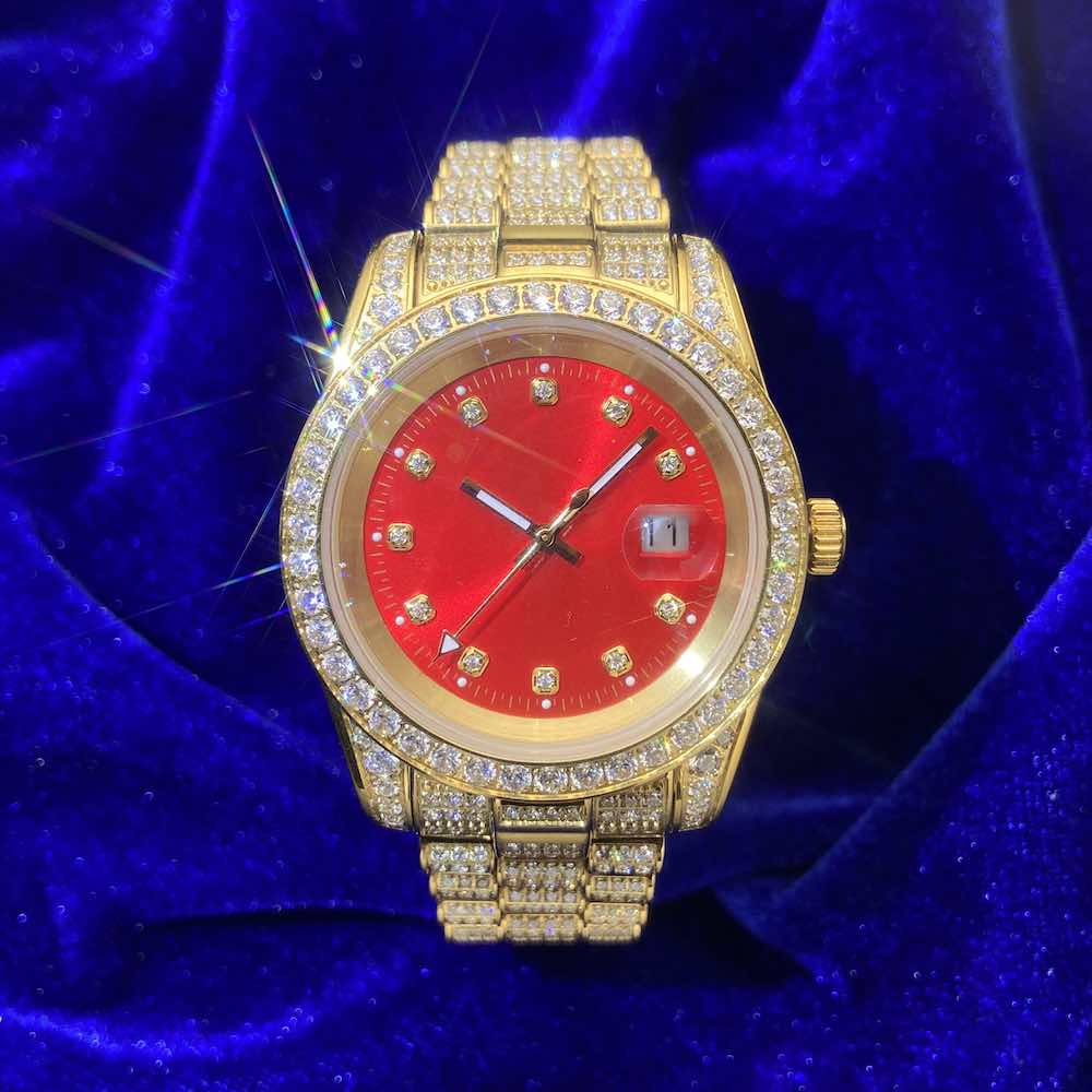 Moissanite Presidential Watch | Red Face | 41MM | 13.3CT Iced Out | 14K Yellow Gold、mySite、hinf8tx79
