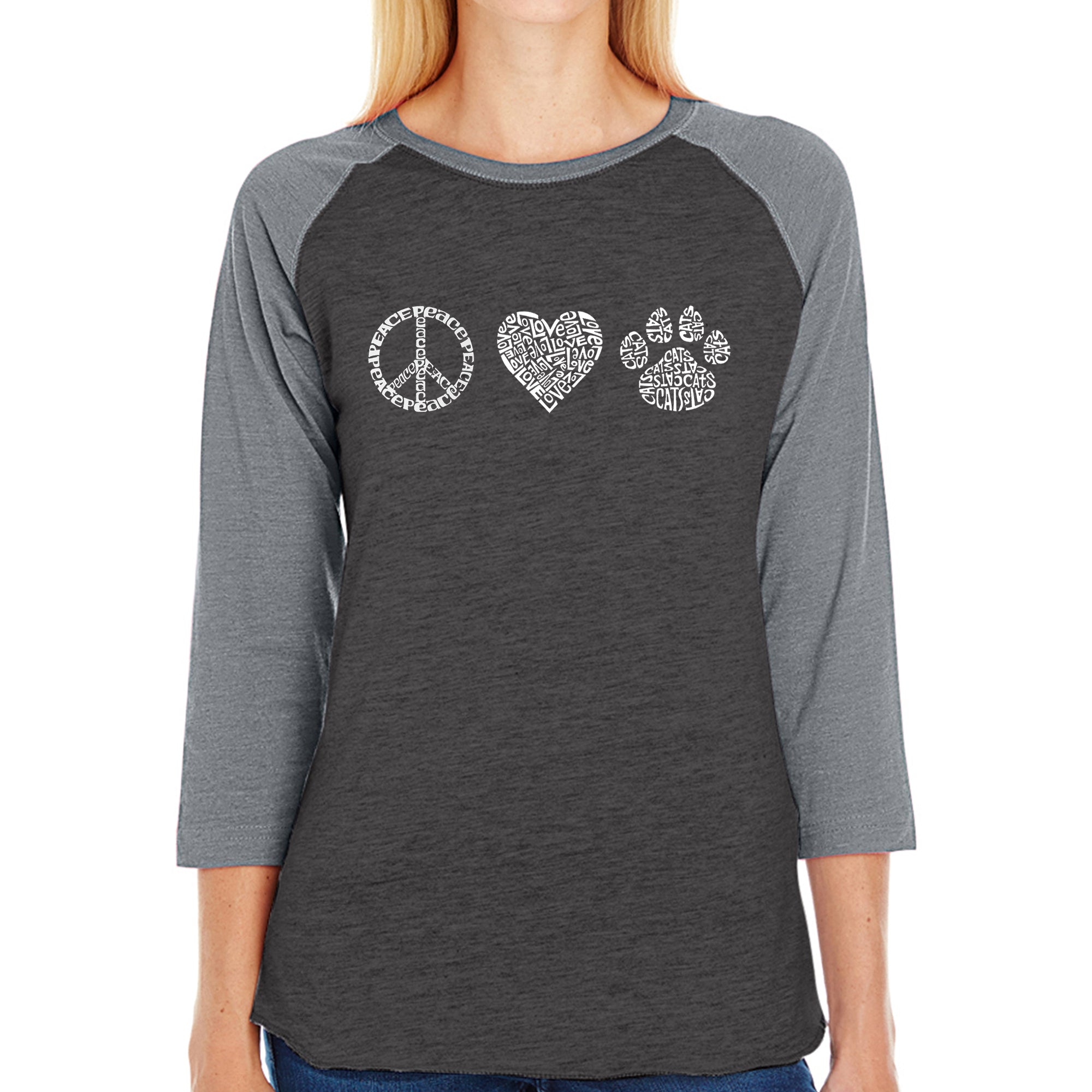 Peace Love Cats - Women's Raglan Word Art T-Shirt、mySite、camillekostekn