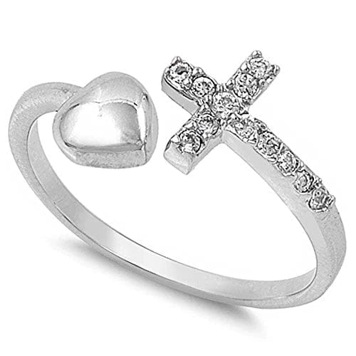 Cross & Heart .925 Sterling Silver Ring Adjustable Sizing、mySite、g9winljtr