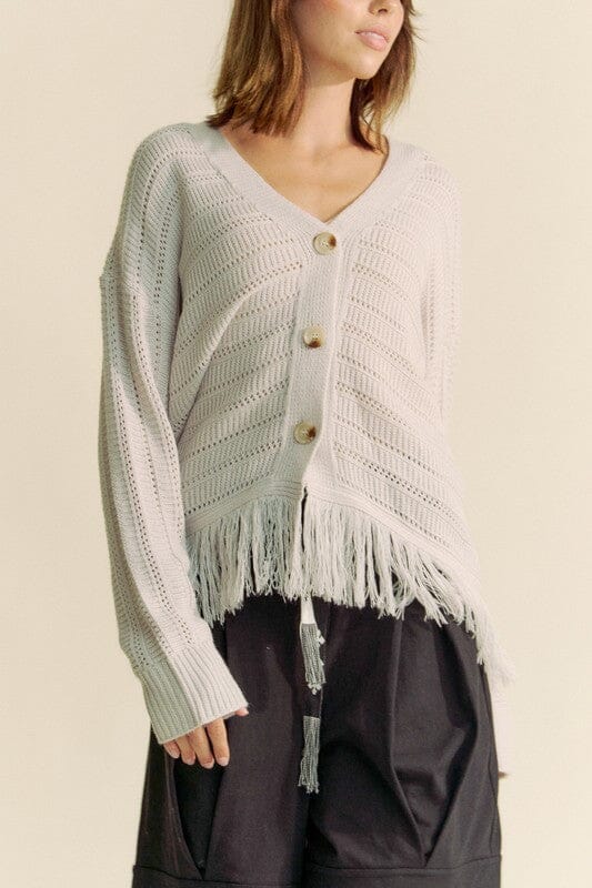 Davi & Dani Fringe V-Neck Button Up Long Sleeve Cardigan、mySite、camillekostekn