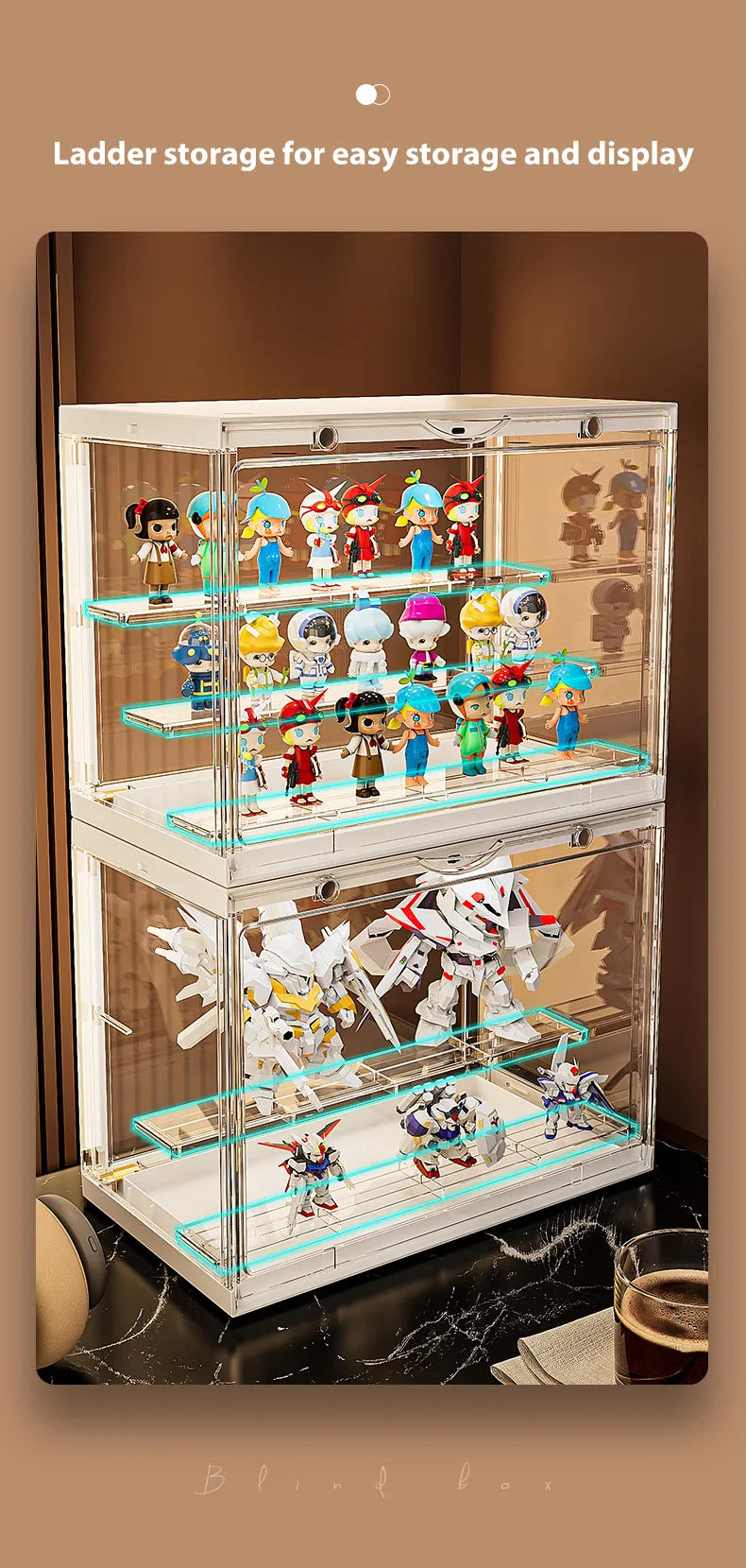 Ladder-style storage for easy organization and display of multiple mini figures.