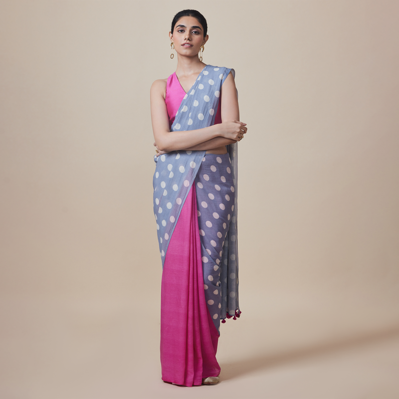 Cotton Solid Saree with Blouse | Polka Dots | Puple & Pink、mySite、camillekostekn