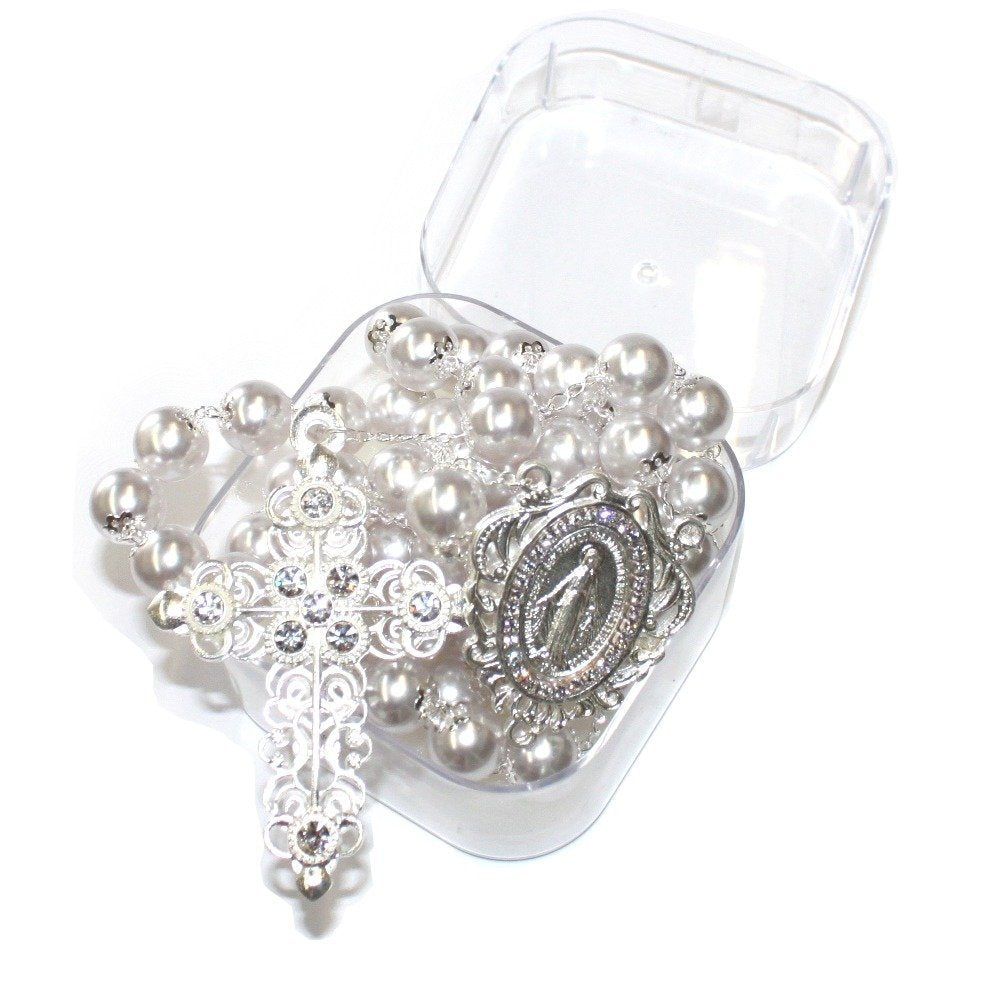  Bridal Silver Pearl Rosary - 14mm Pearl beads Rosary with Silver chain, Cross & Center. Crystal beads are used in this Jewelry、mySite、elrpsem3k