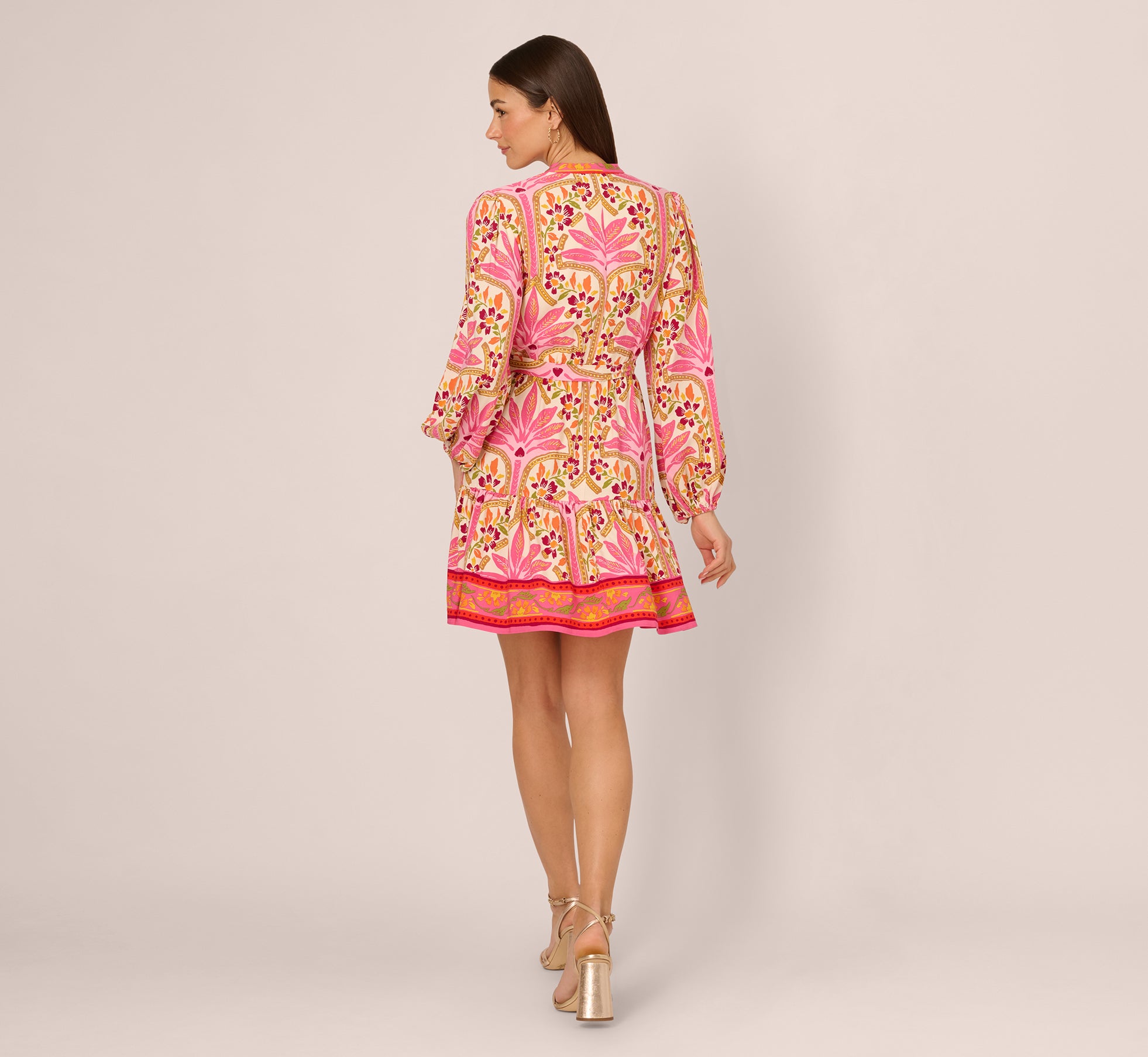 Long Sleeve Printed Short Flounce Dress In Pink Multi、mySite、solidvoid