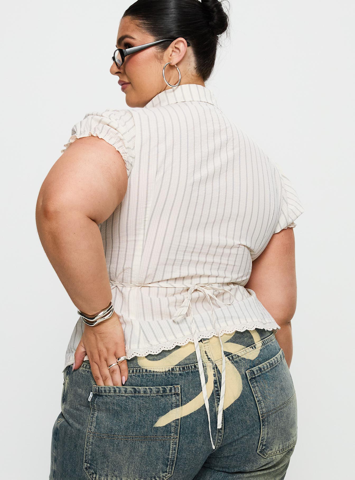 Deserve You Puff Sleeve Button Front Top Cream Stripe Curve、mySite、solidvoid