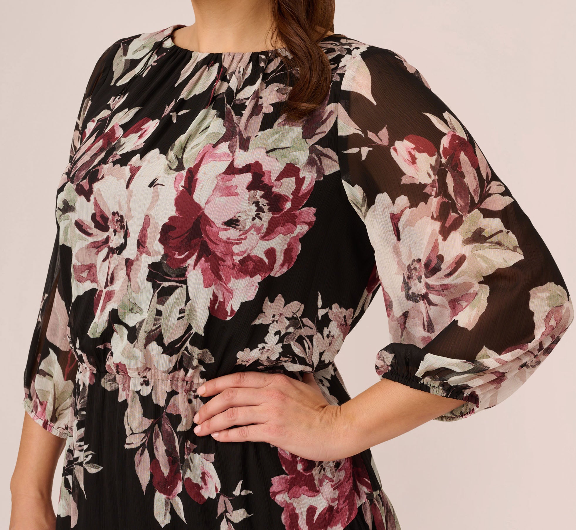 Plus Size Floral Chiffon Dress With Three Quarter Length Sleeves In Black Multi、mySite、solidvoid