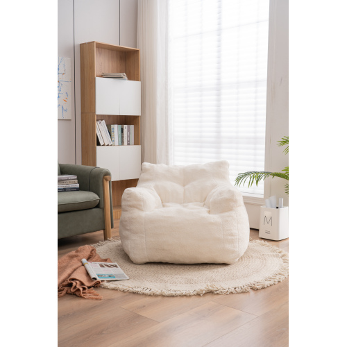 010-Soft Teddy Fabric Tufted Foam Bean Bag Chair With Teddy Fabric Ivory White、、casual