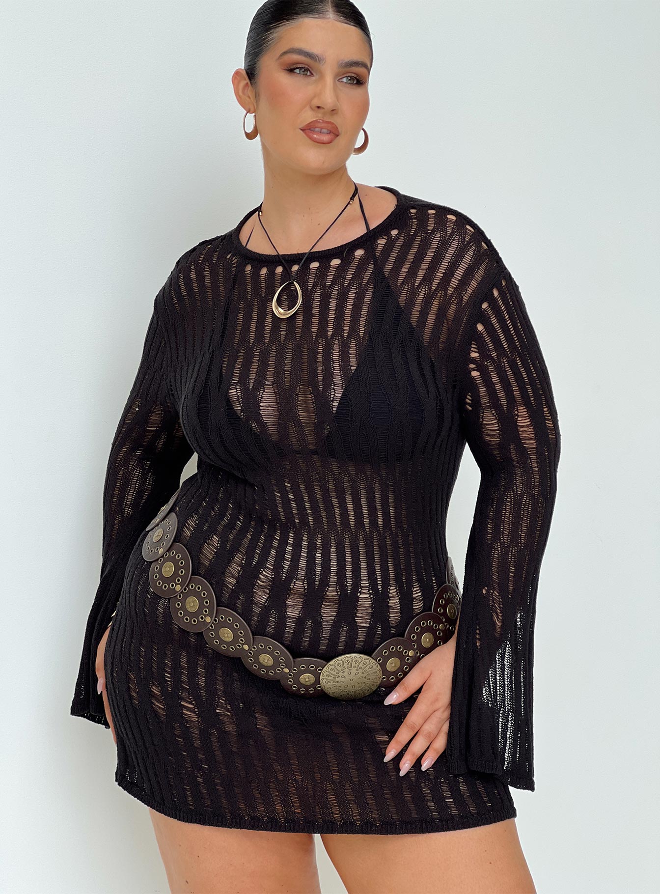 Cylian Long Sleeve Knit Mini Dress Black Curve、mySite、solidvoid