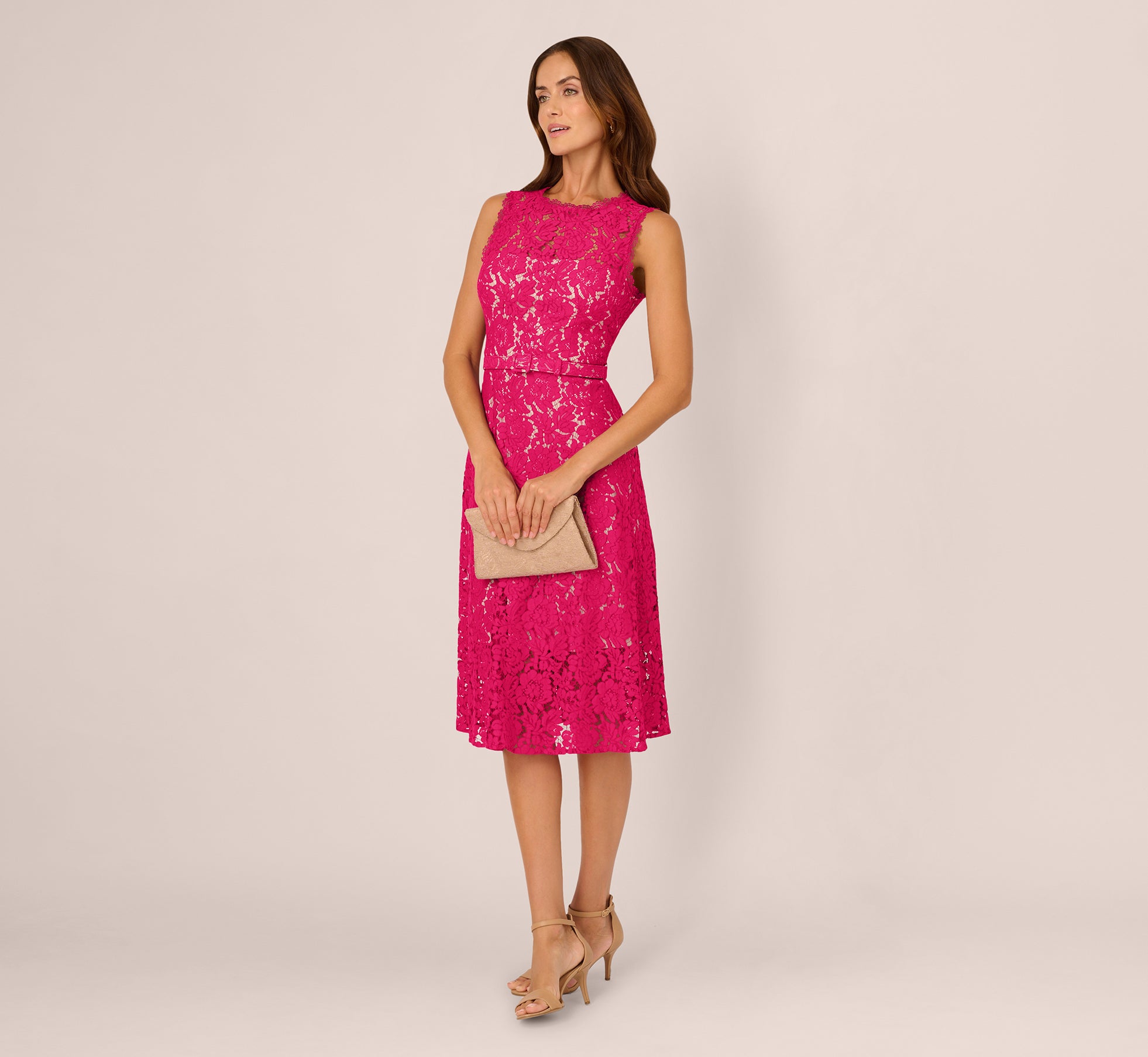 Sleeveless Lace Fit And Flare Dress With Sheer Details In Tropical Pink、mySite、solidvoid