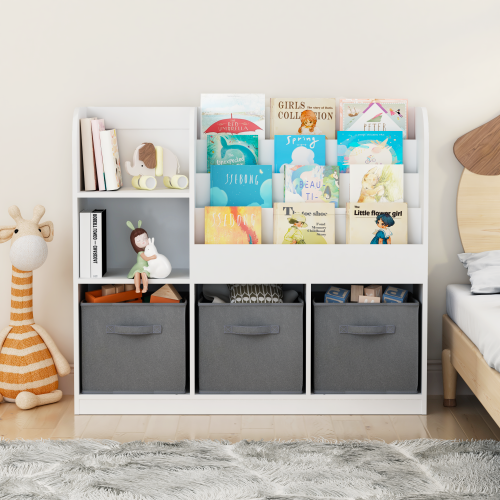 Kids Bookcase and Bookshelf, Multifunctional Bookcase with 3 Collapsible Fabric Drawers, Bookcase Display Stand, Toy Storage Organizer for Bedroom, Playroom, Hallway (White/Gray)、、casual
