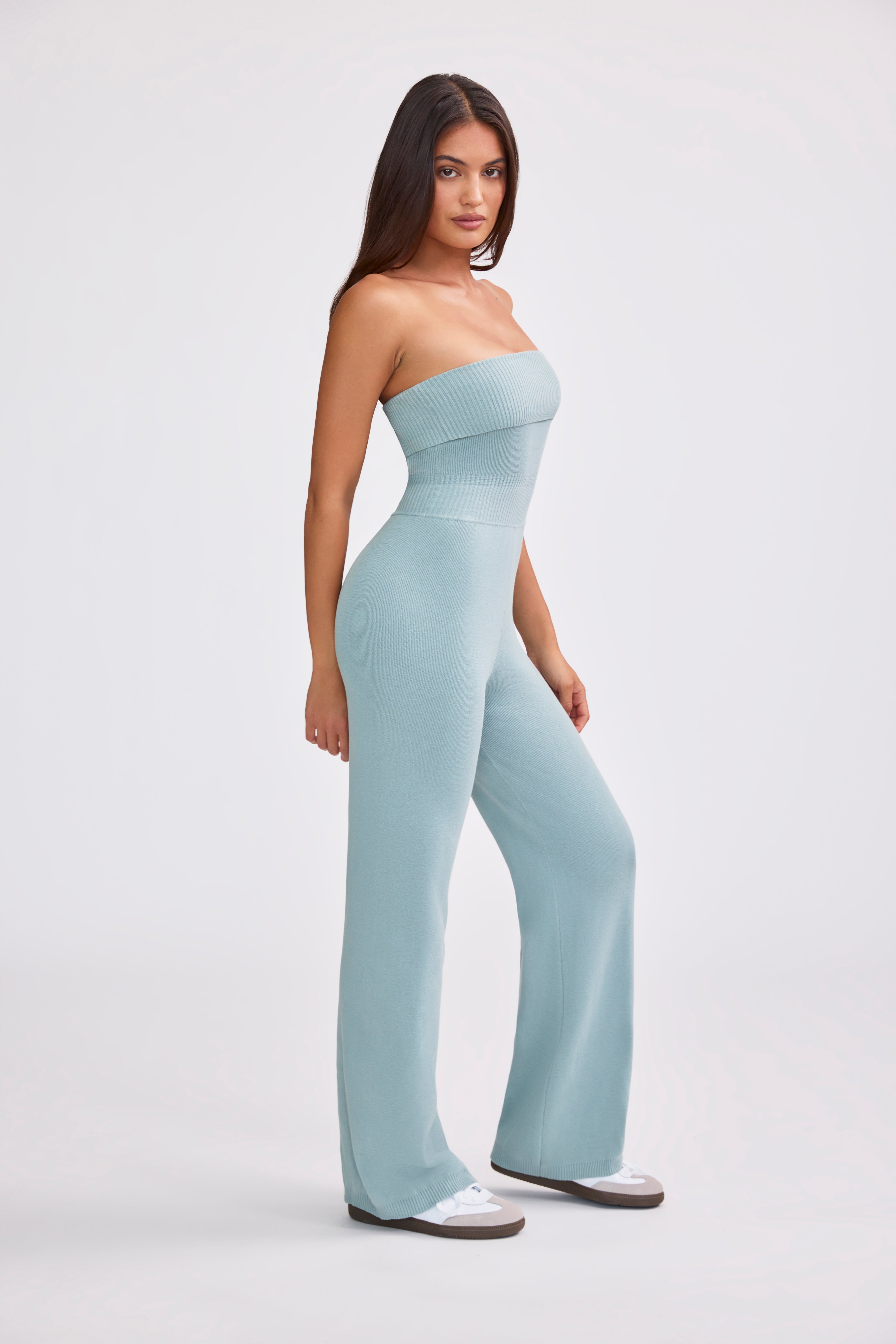 Bandeau Kick Flare Chunky Knit Jumpsuit in Dusty Teal、mySite、solidvoid