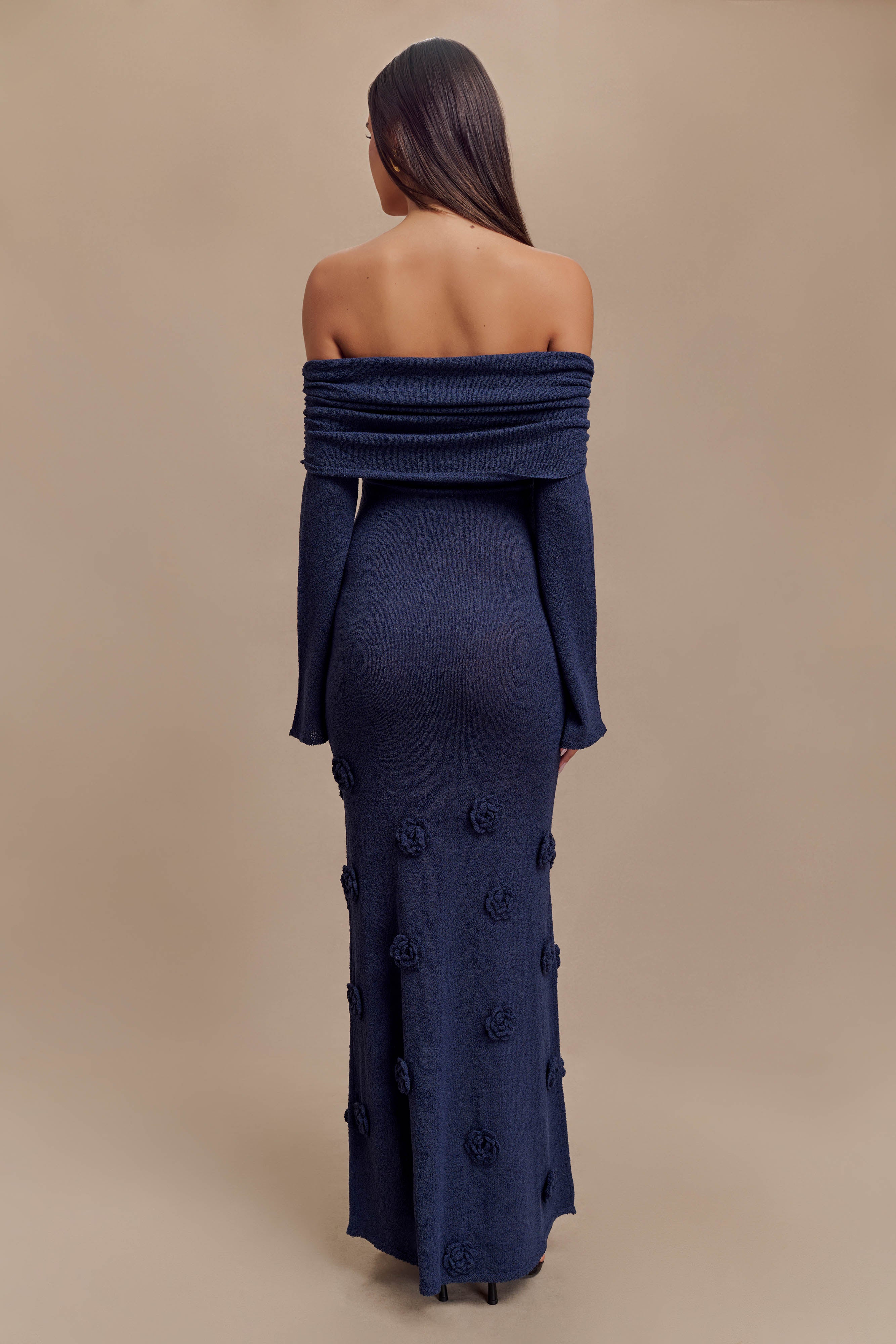 Kiki Off Shoulder Knit Rose Maxi Dress - Navy、mySite、solidvoid