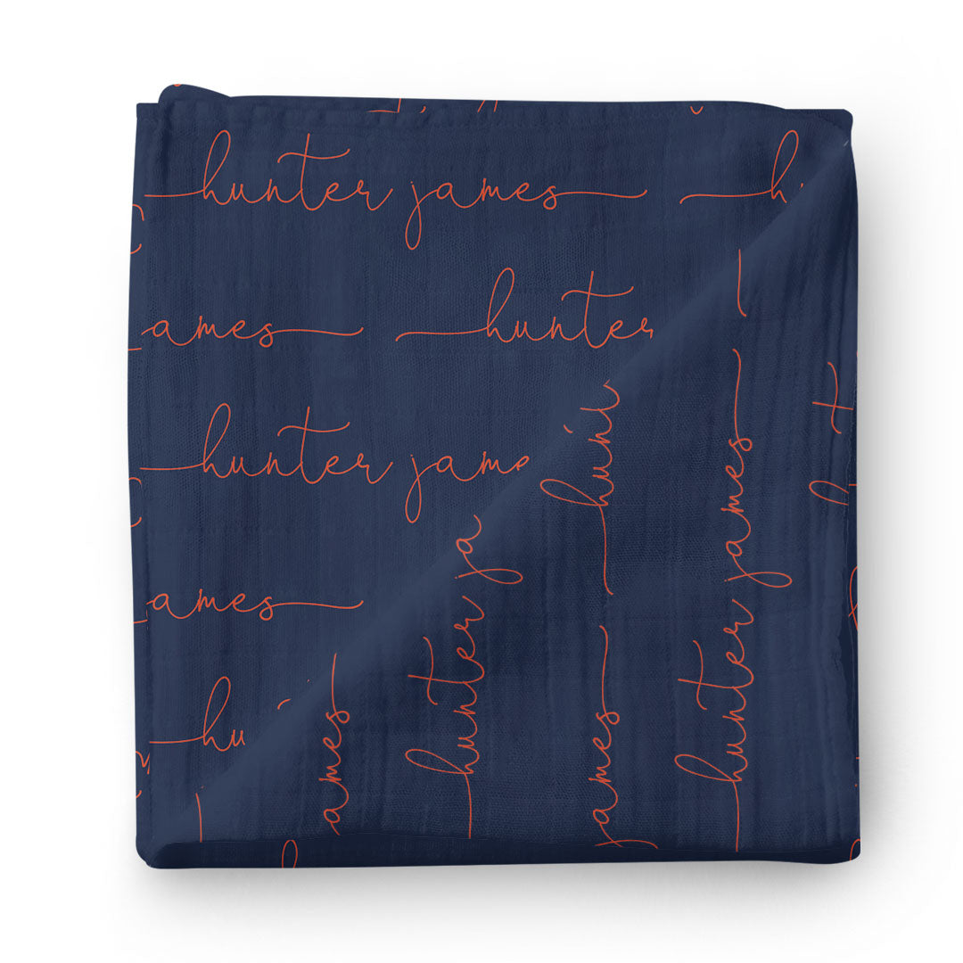  Personalized Navy & Orange Baby Name Swaddle Blanket - Script Only、mySite、layawaytickets