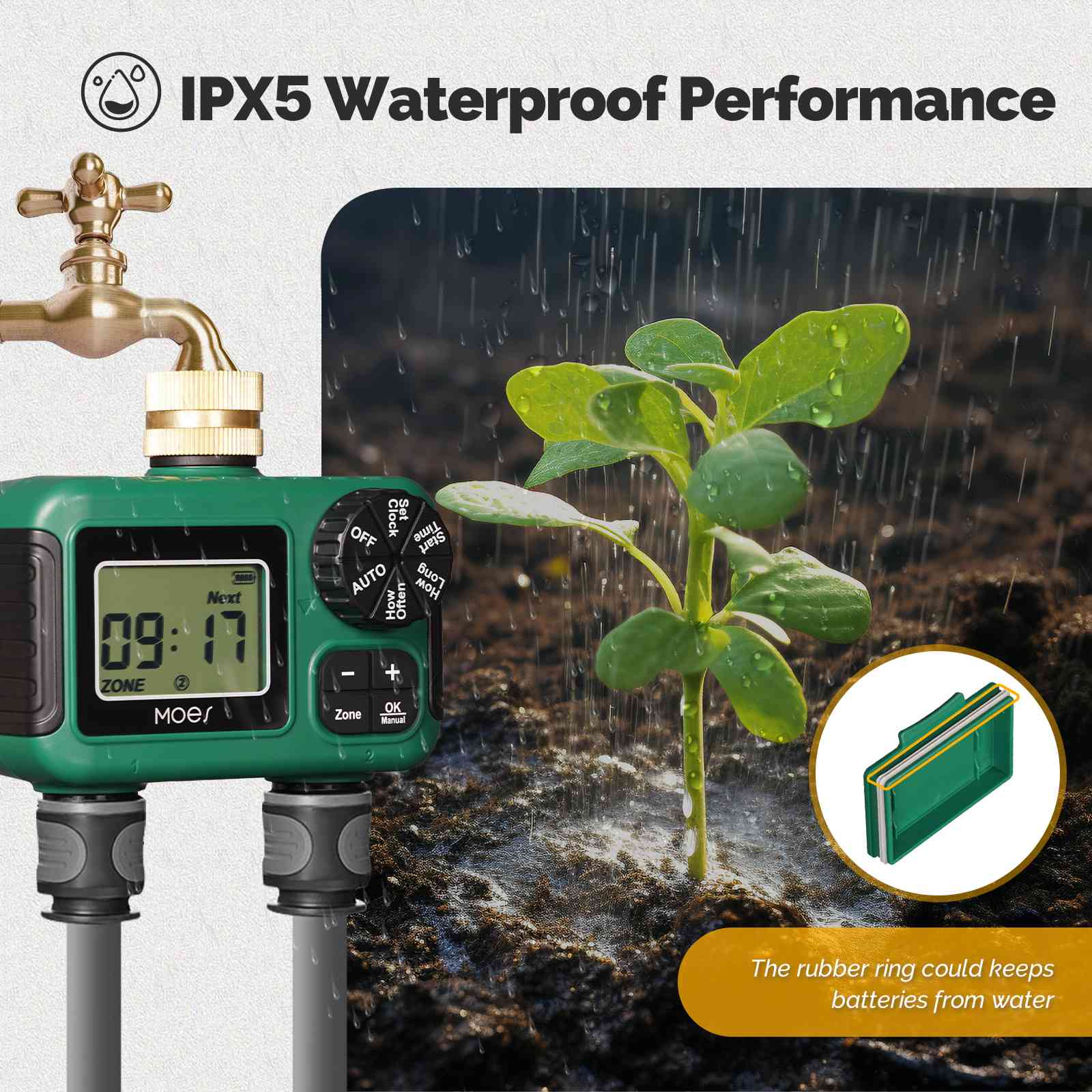 Water Timer For Garden Hose Drip Irrigation 2-Outlet Brass Inlet IPX5 Waterproof US Version、mySite、fannypackpong