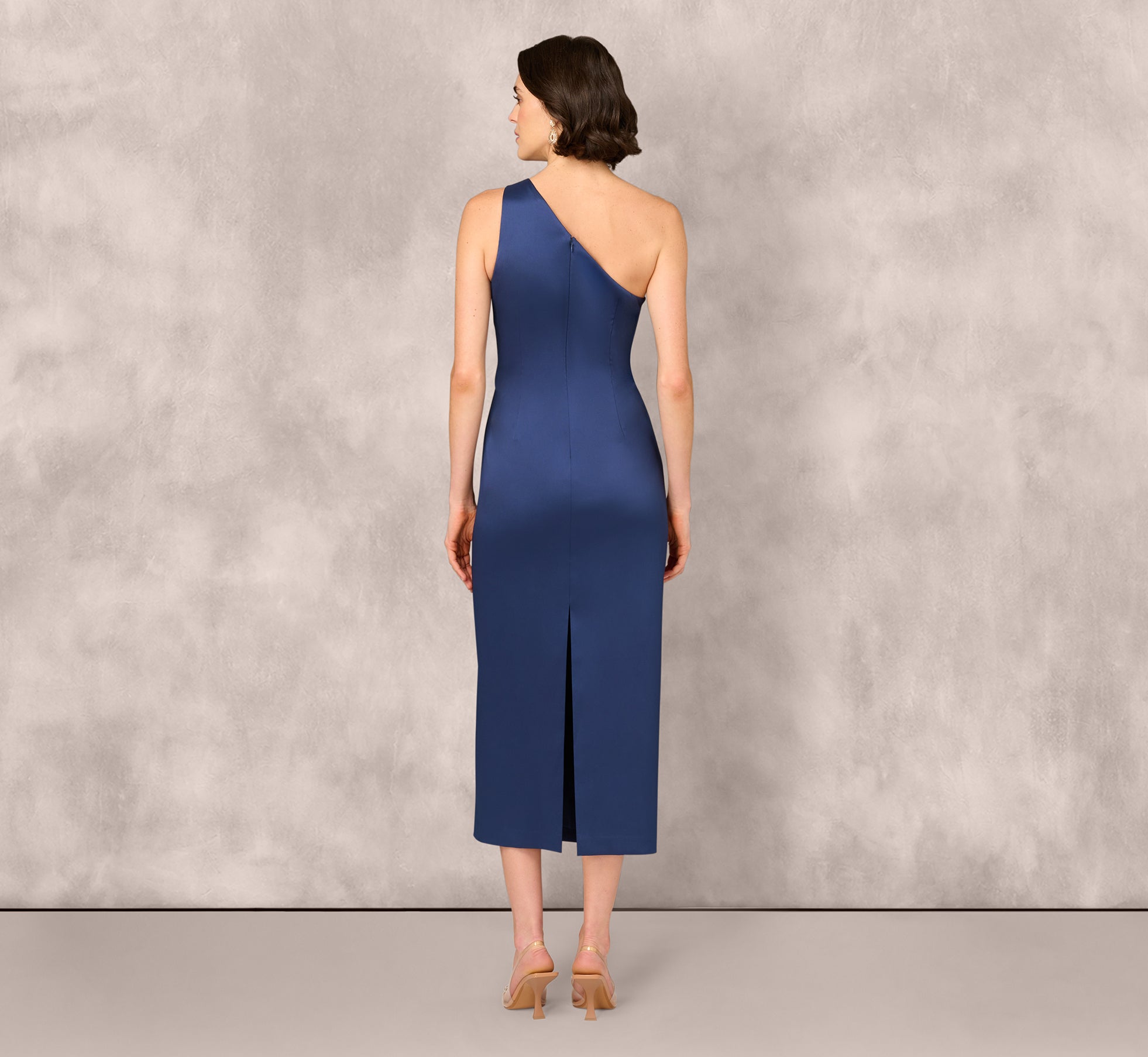 One Shoulder Satin Pleat Midi Dress In Navy、mySite、solidvoid