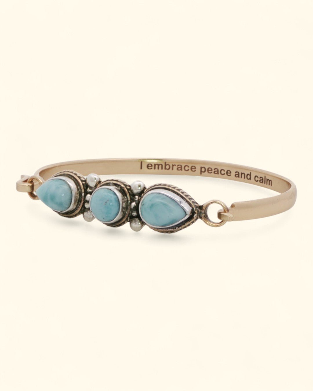 Larimar Gemstone Bracelet – Sterling & Bronze Cuff with I Embrace Peace and Calm Engraving、mySite、topwebapps