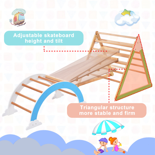 Wooden Climbing Triangle Toys - Indoor Arc Climber Jungle with Ramp and Arch Toy Rocker, Reversible Multifunction Playset Natural Wood Playground、、casual