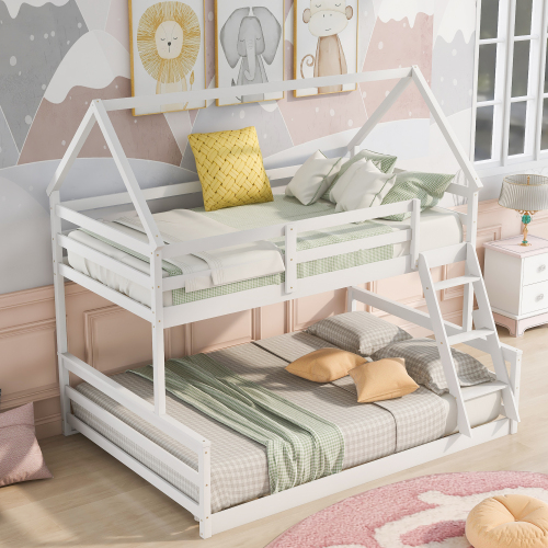 Twin Size Bunk House Bed with Slide and Ladder,White、、casual