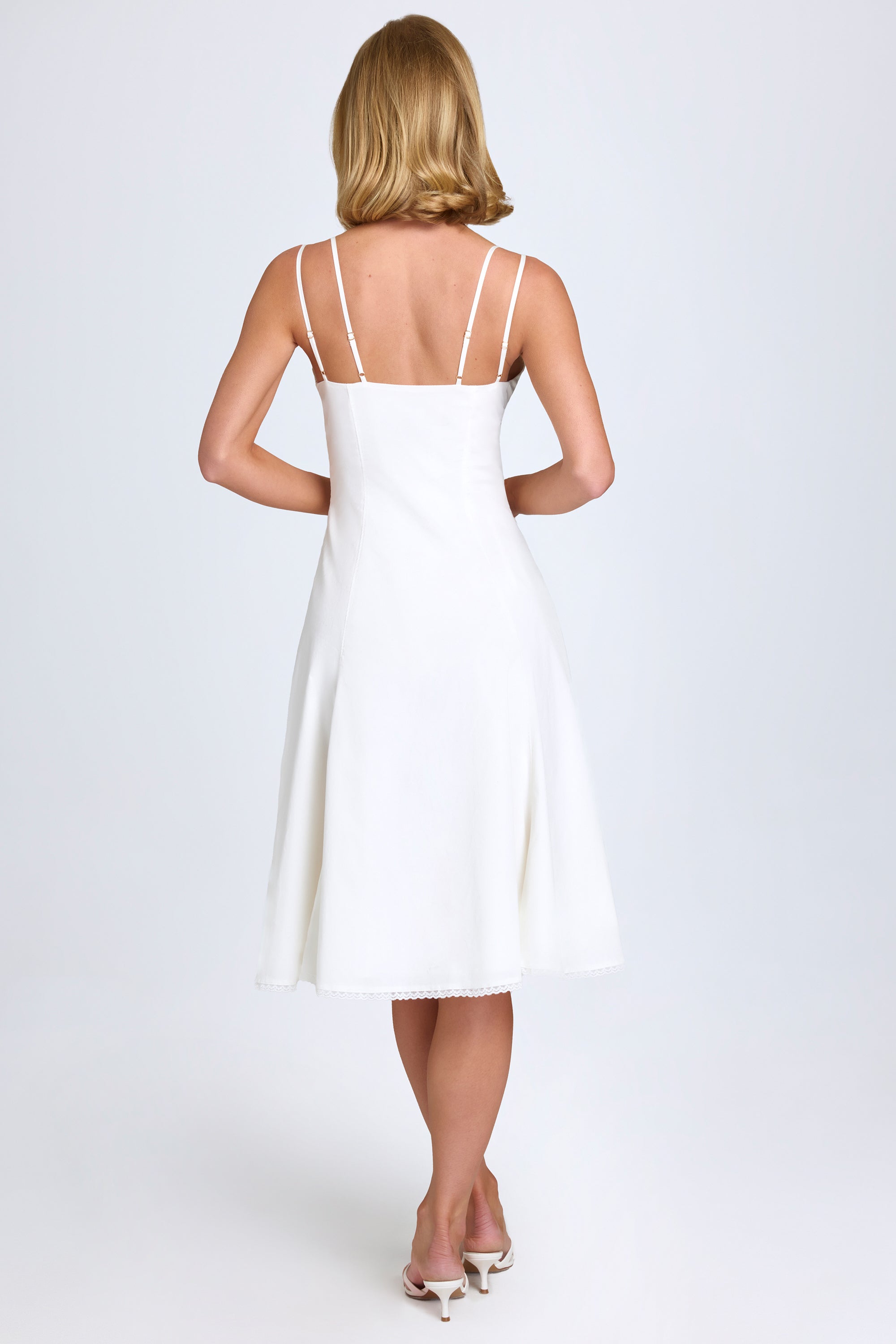 Bow-Detail Lace-Trim A-Line Midi Dress in White、mySite、solidvoid