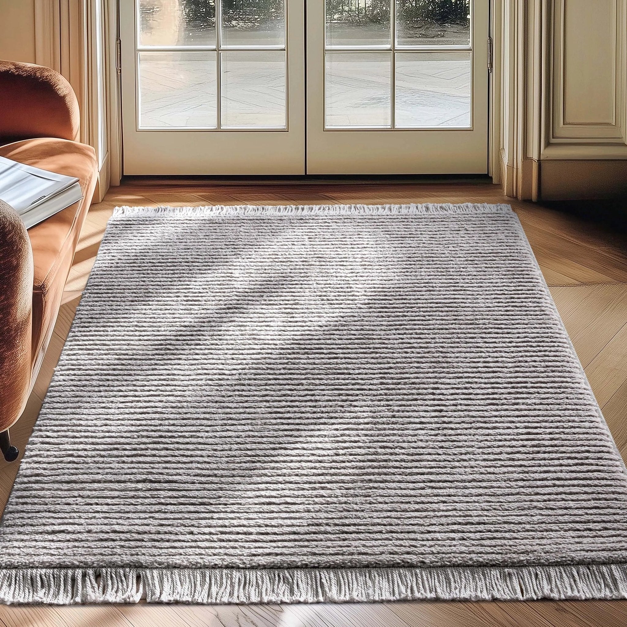Carlow Solid & Striped Textured Taupe Ivory Ultra Soft High-Low Shag Rug、mySite、gigharbornorthrealestate