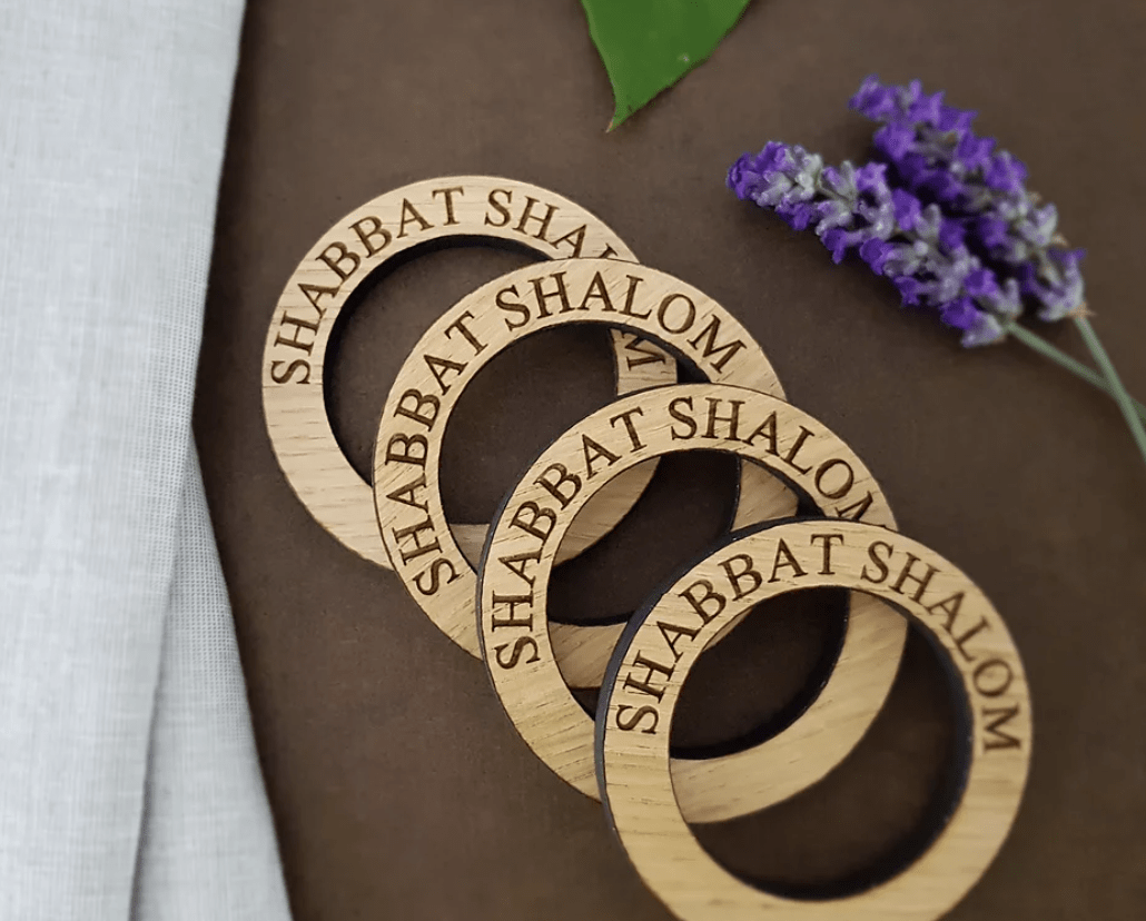 Shabbat Shalom Oak Napkin Rings - Set of 4、mySite、topwebapps