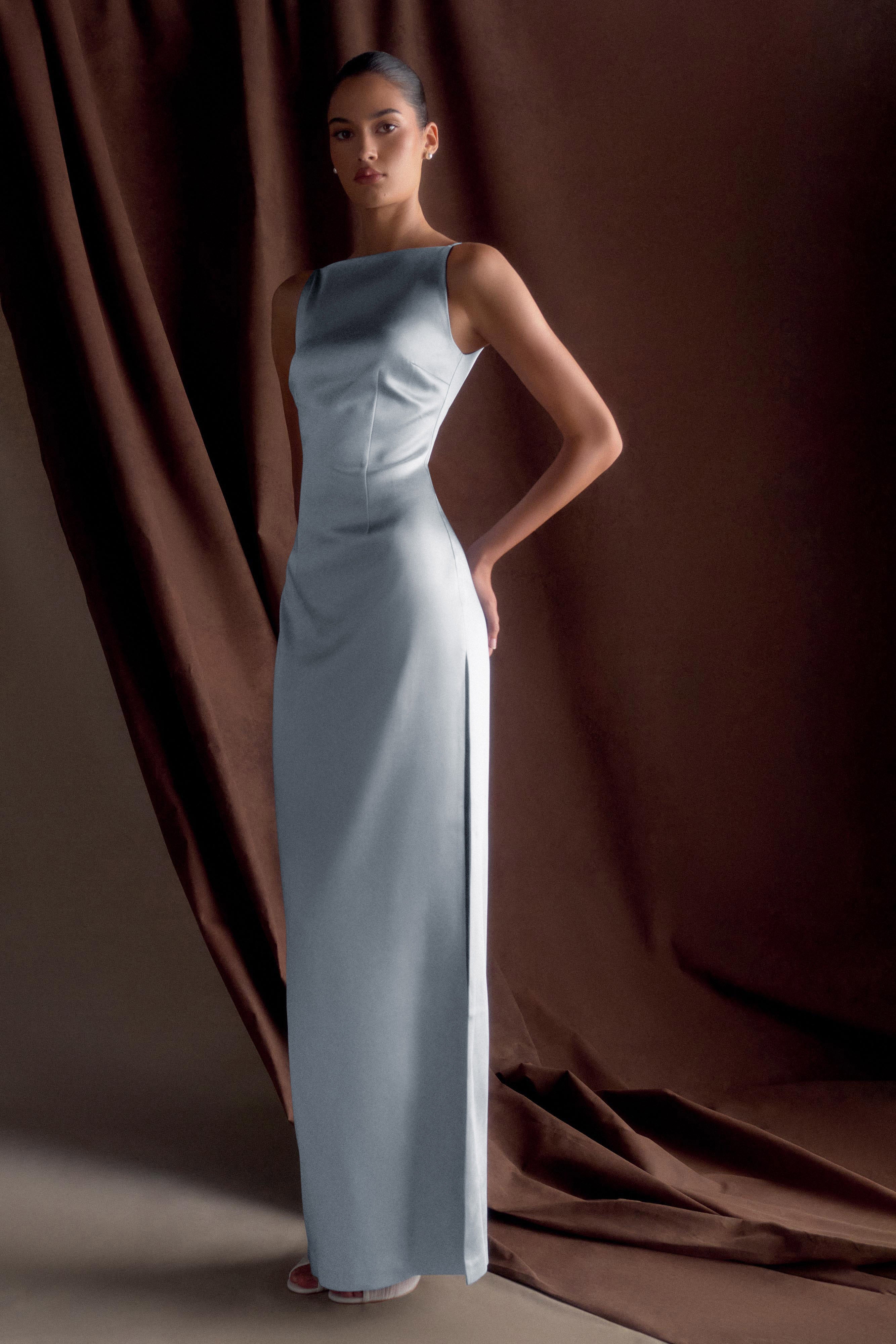 Violet Sleeveless Satin Maxi Dress - Frosted Blue、mySite、solidvoid