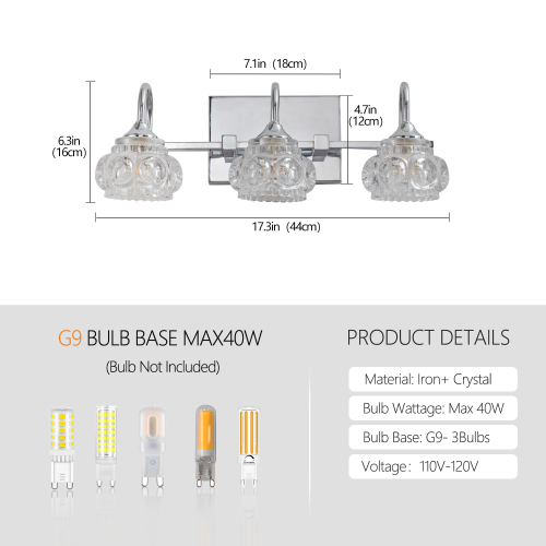 17" Nickel Finish Vintage Crystal Vanity Light - Elegant 3-Light Bathroom Mirror Fixture with Clear Glass Shades (No Bulbs)、、eastwooduniform