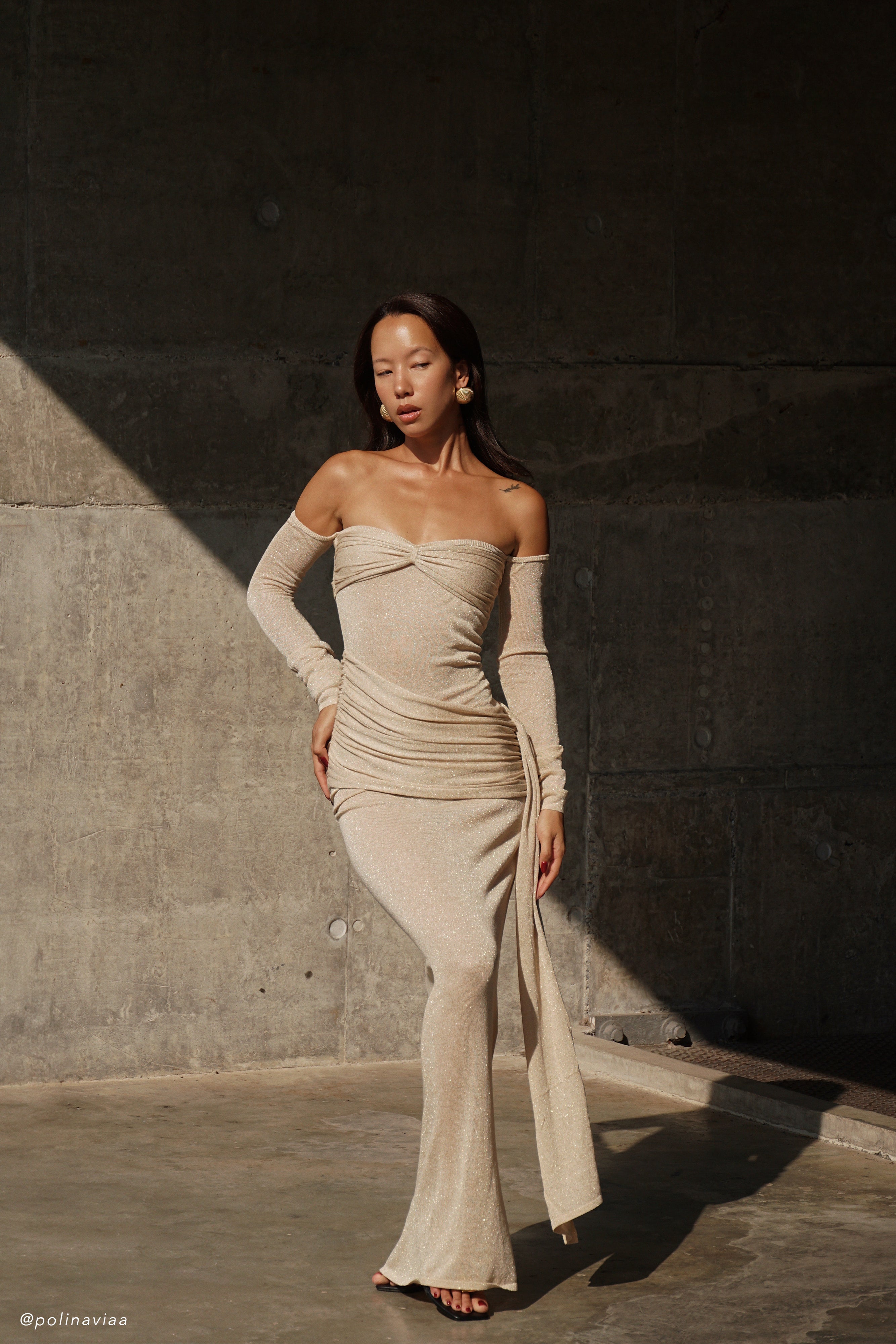 Ingrid Metallic Knit Maxi Dress - Bronze、mySite、solidvoid
