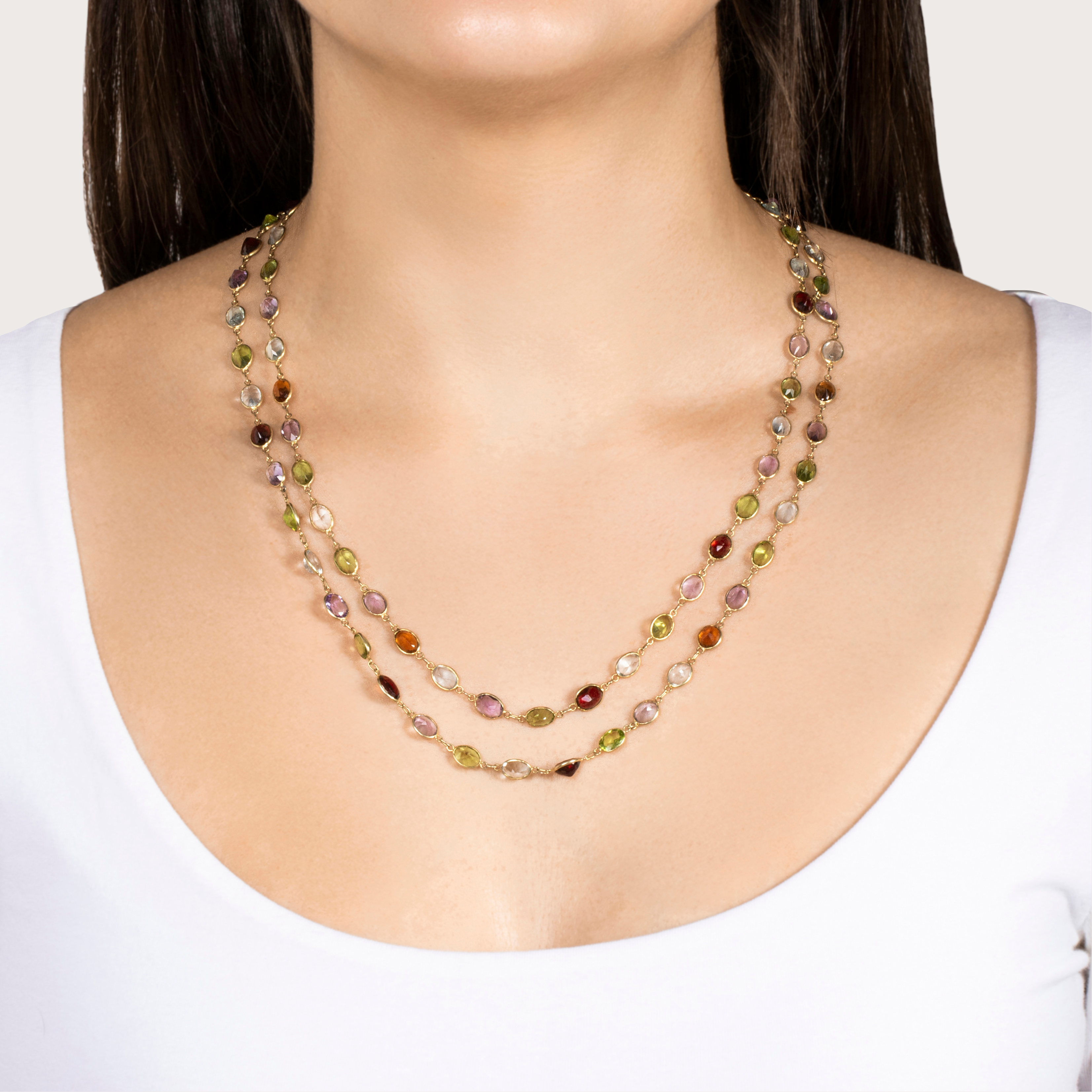 Vintage long 14k Yellow Gold 37cttw Peridot Amethyst Aquamarine Station Necklace、mySite、hinf8tx79