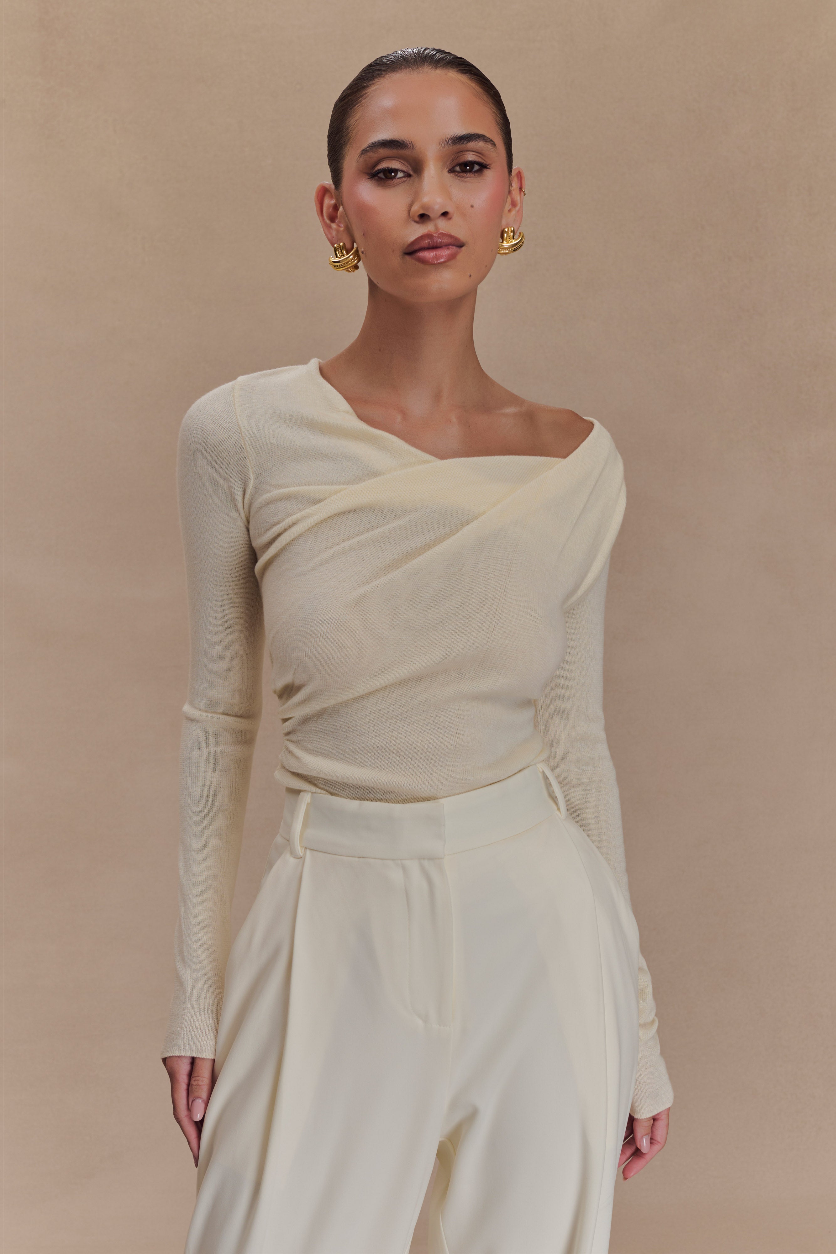 Culver Draped Twist Knit Top - Cream、mySite、solidvoid