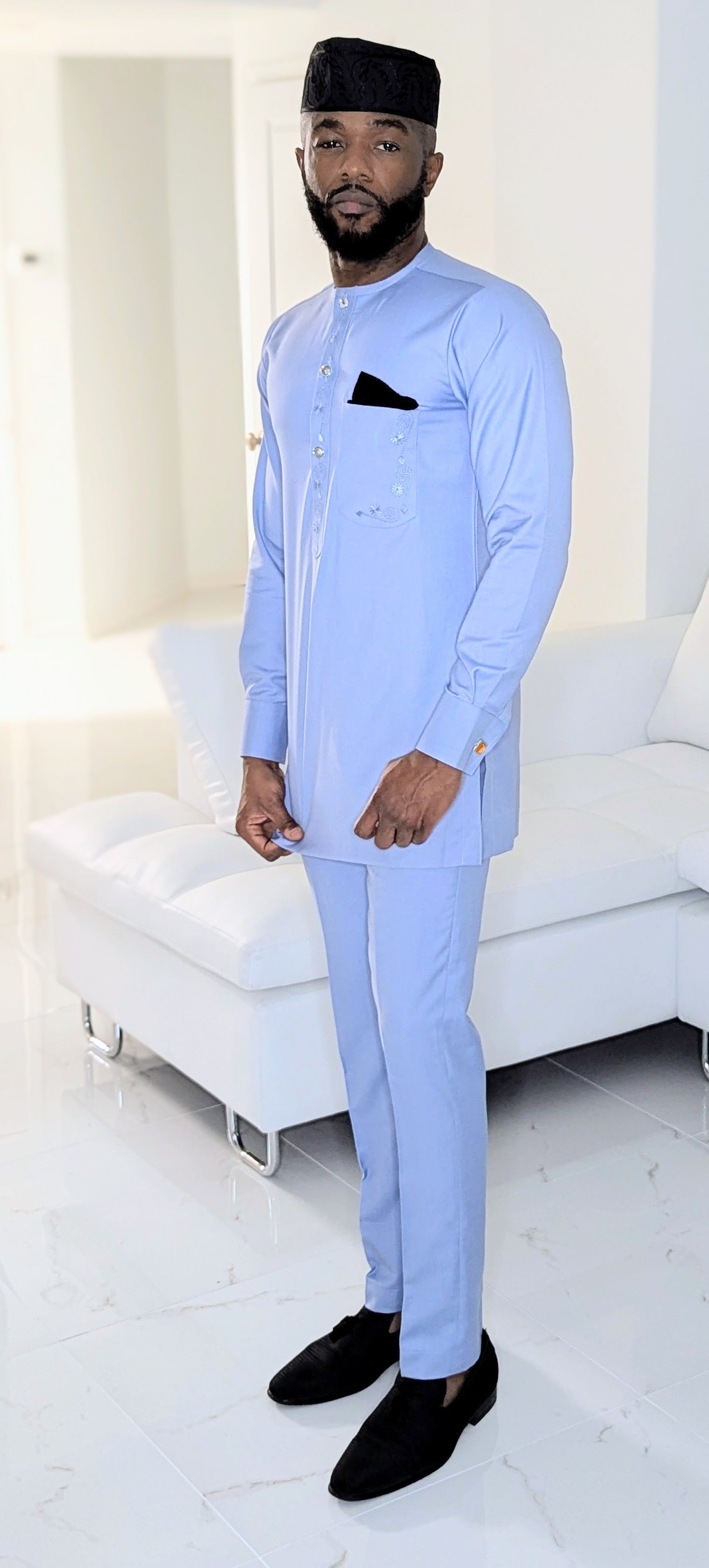 Dupsie's Oluwaseyi Blue Pull-over Long-sleeve Embroidered African Senator Dashiki Shirt with Matching Plain Drawstring Waist Pants DPASABE5、mySite、solidvoid